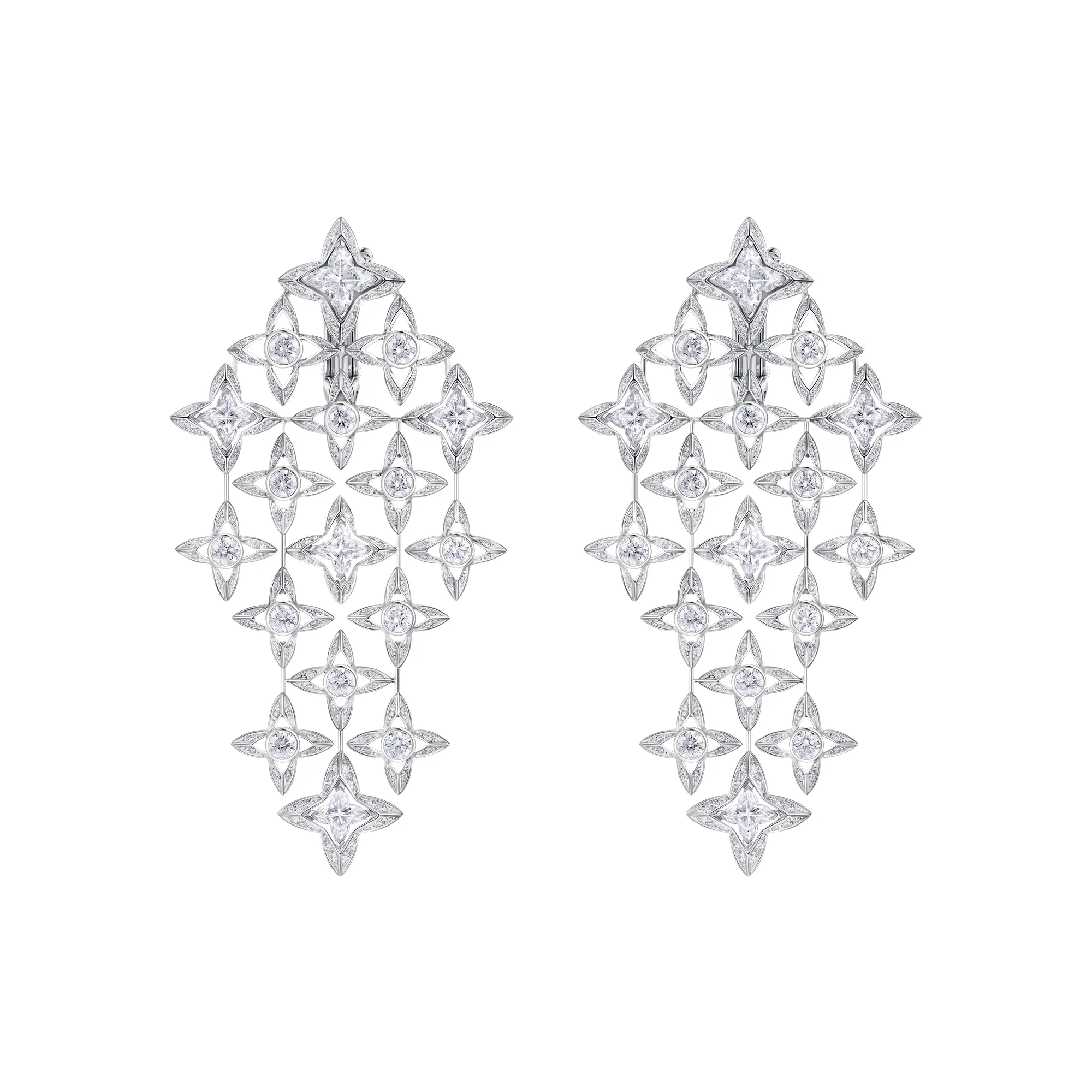 Louis Vuitton Élégance earrings with 22 carats of LV Monogram Star-cut diamonds and bezel-set round brilliant-cut diamonds from Chapter II of the Awakened Hands, Awakened Minds High Jewellery collection