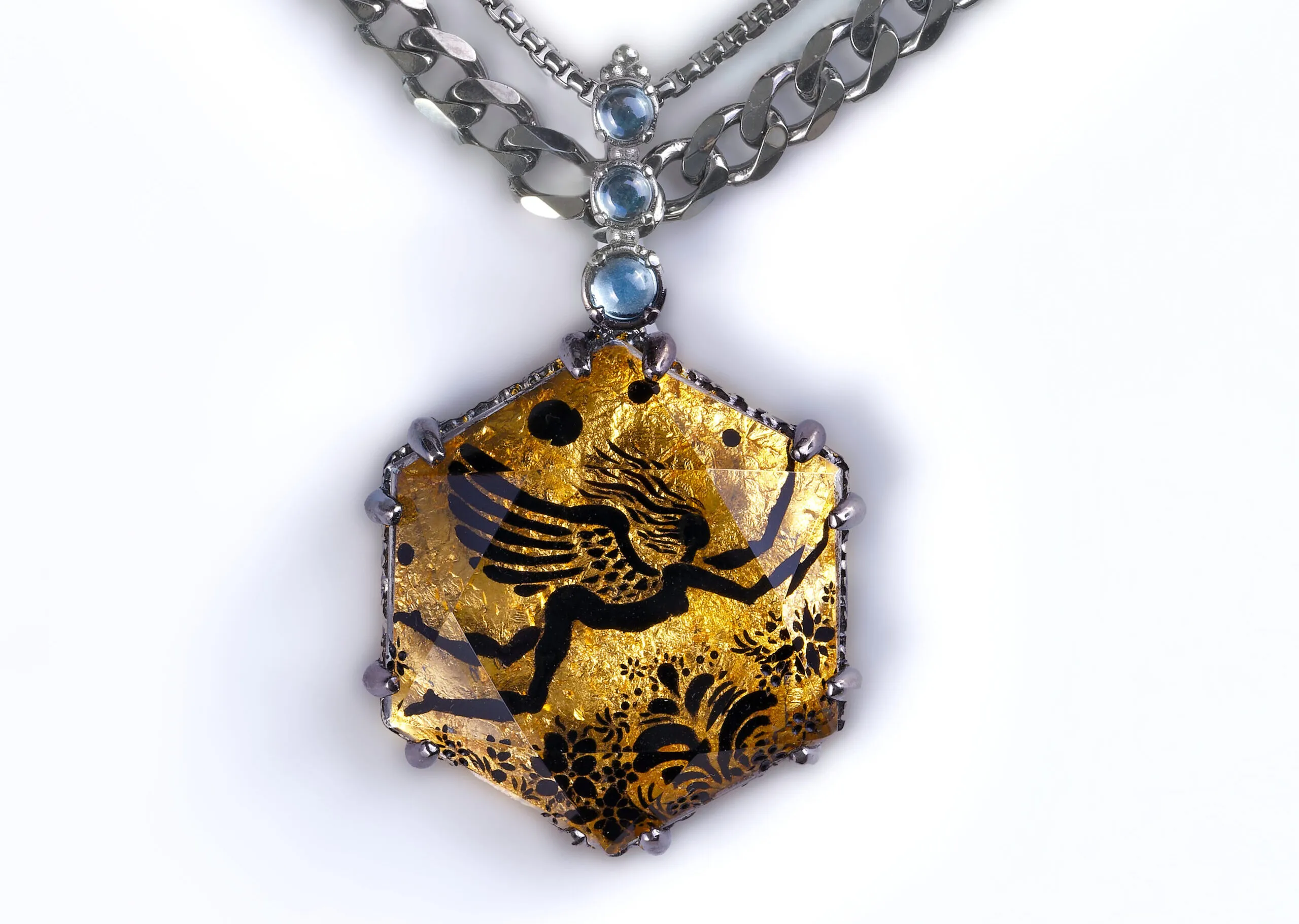Eros-Psyche Mother Goddess of Love glyptic pendant with rock crystal, sky blue topaz and 24k gold in sterling silver and black platinum plating (ruthenium)