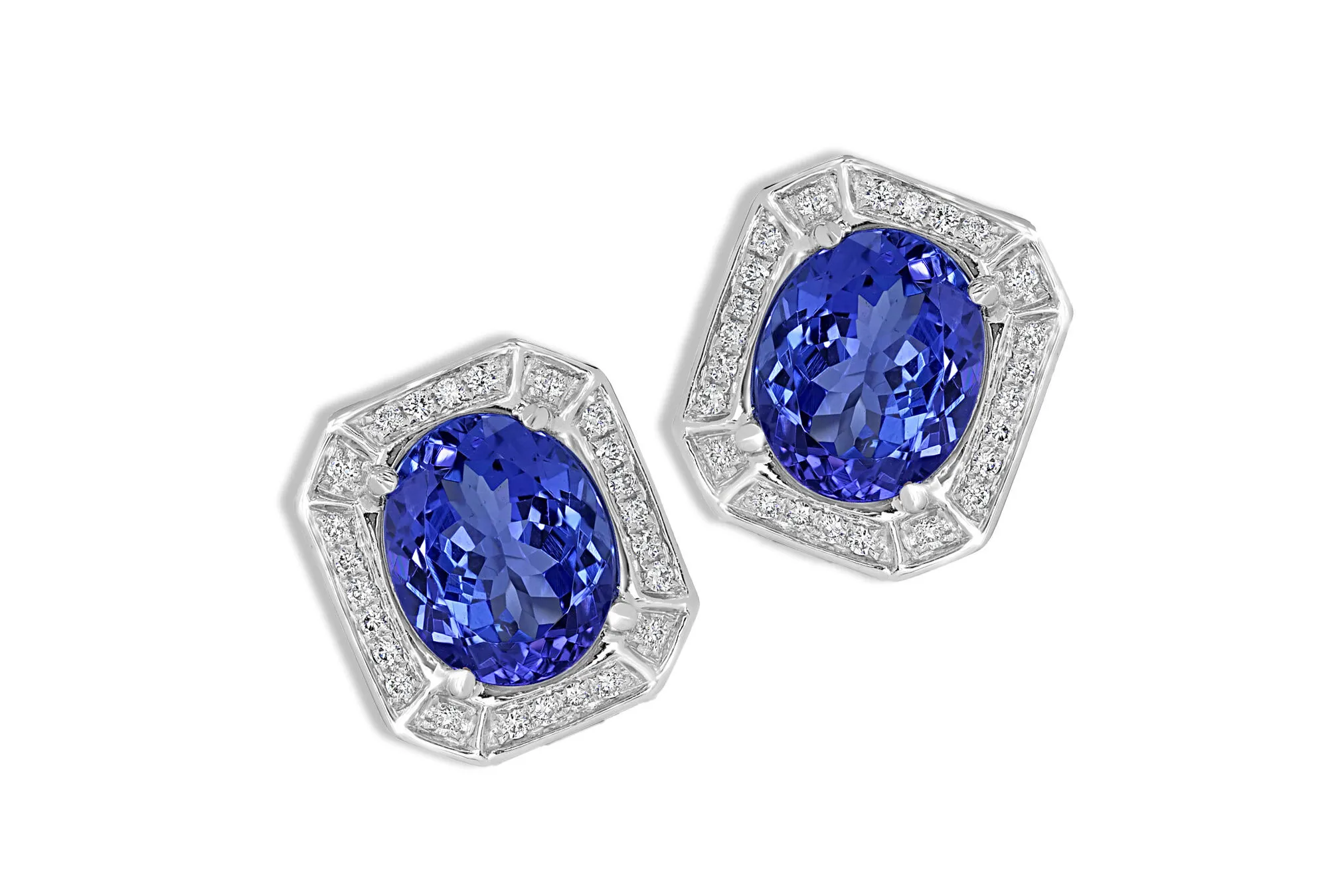 Royal Touch Group earrings with 6.21 total carats of oval-shaped tanzanites and diamonds set in 14k white gold 