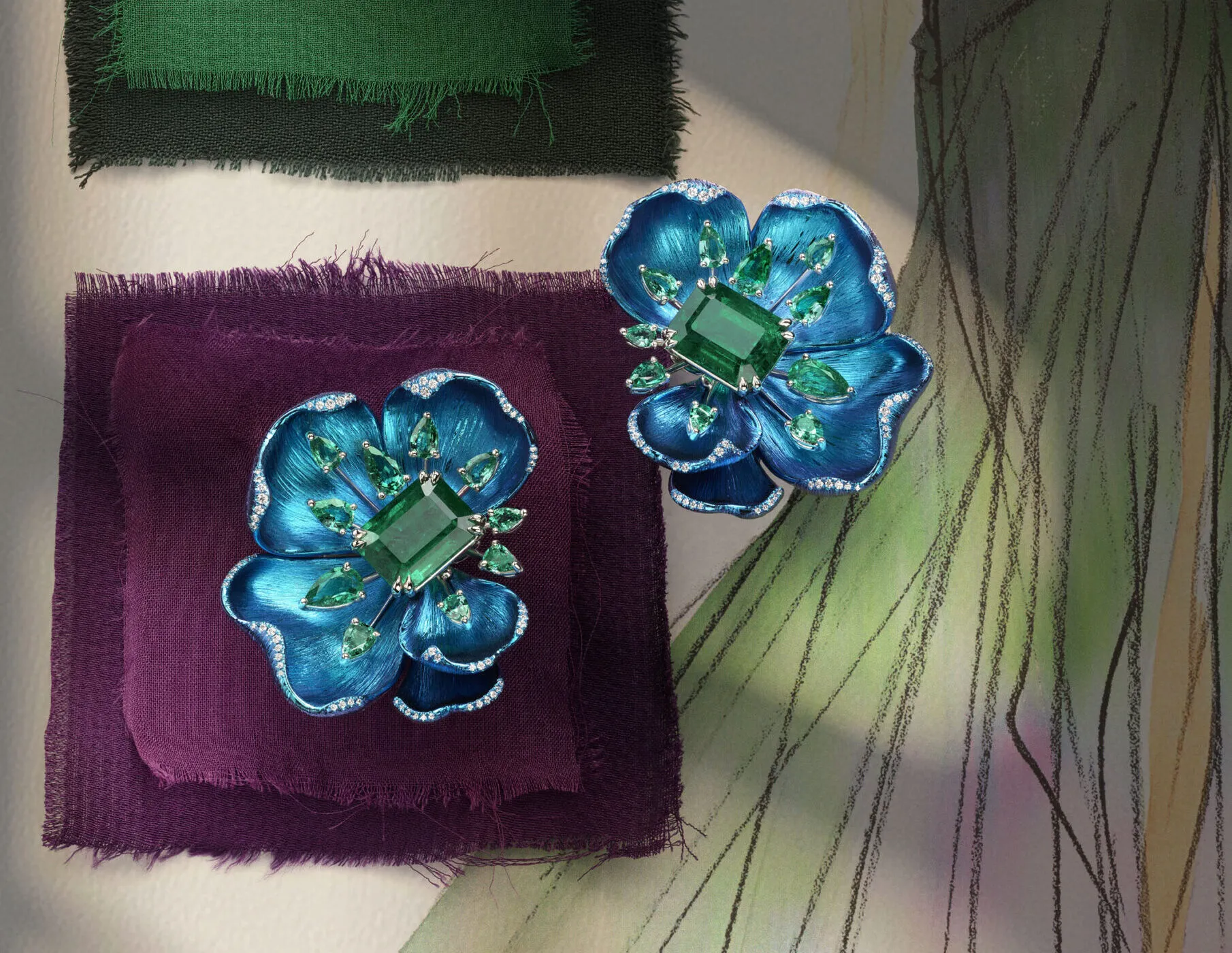 Floral earrings from Chopard’s Insofu collection, crafted in 18-carat white gold, platinum, and titanium, set with emeralds and brilliant-cut diamonds