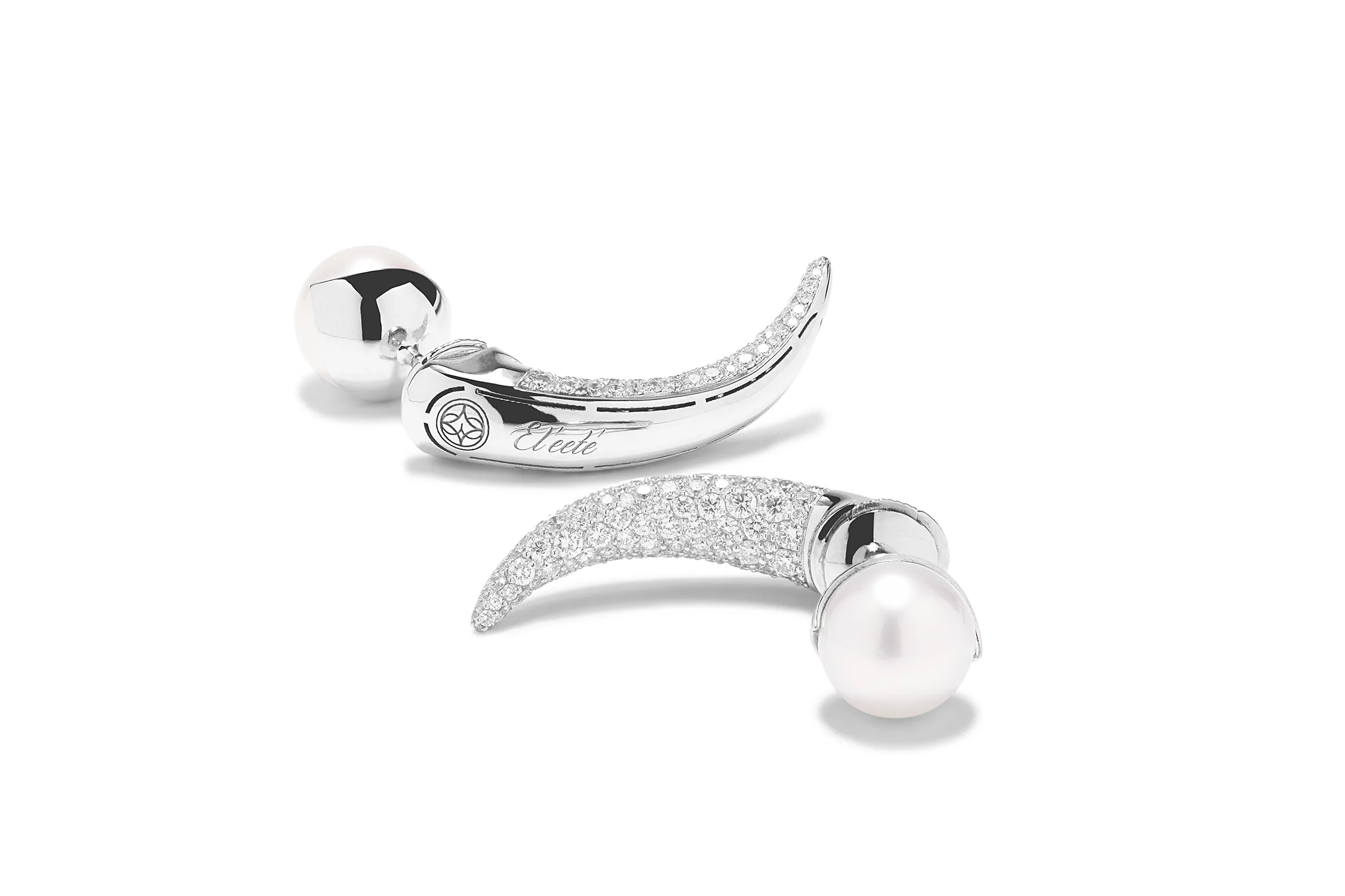 El'eeté Jewellery South Sea pearl earrings from Collection №1 with 250 brilliant-cut white diamonds and 10mm pearls set in 18k white gold 