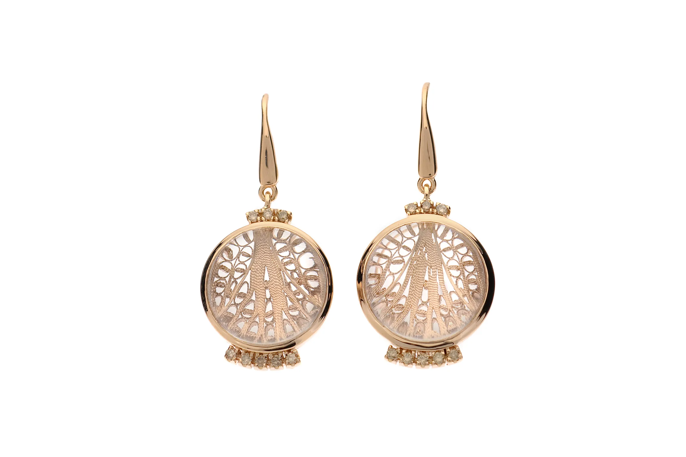 <p>Eleuterio &#8216;Deco Filigree&#8217; drop earrings in crystal, openwork rose gold and brown diamonds</p>
