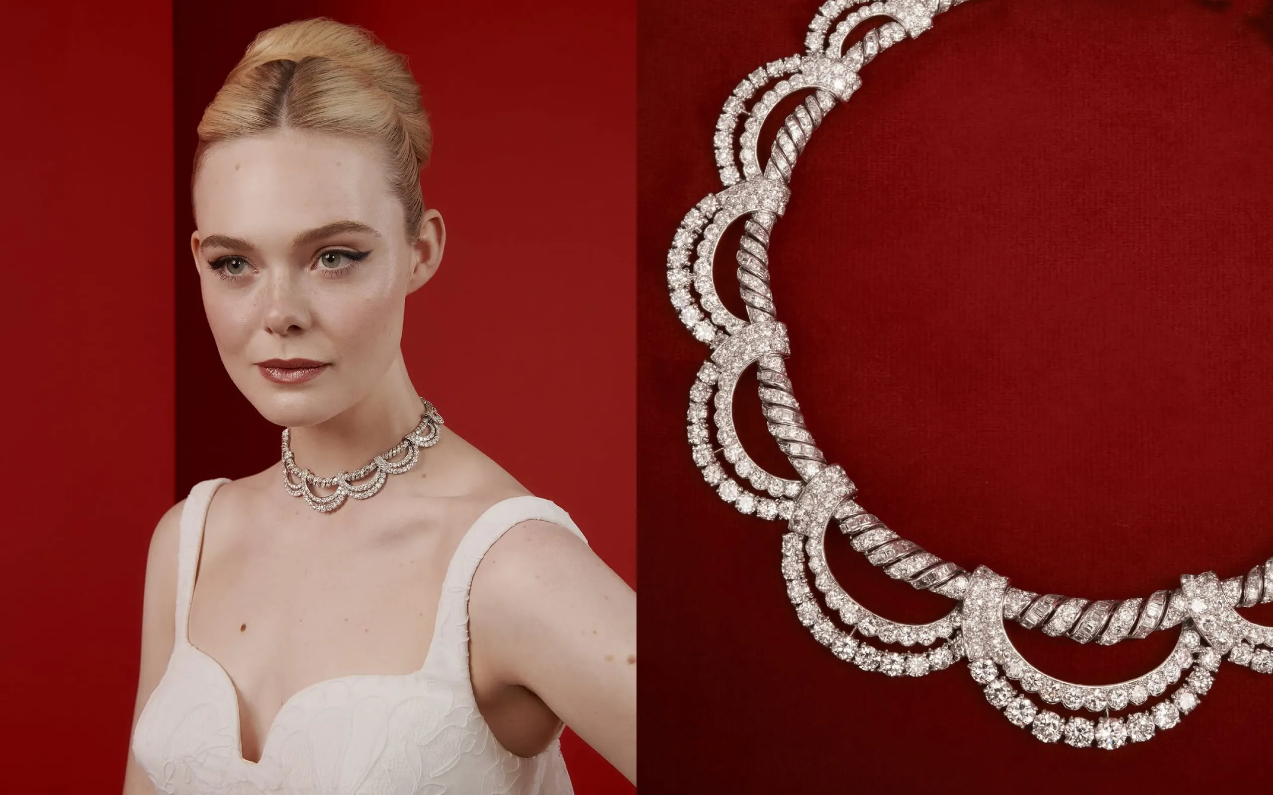 Elle Fanning in a diamond necklace by Cartier at the 97th Annual Academy Awards 2025