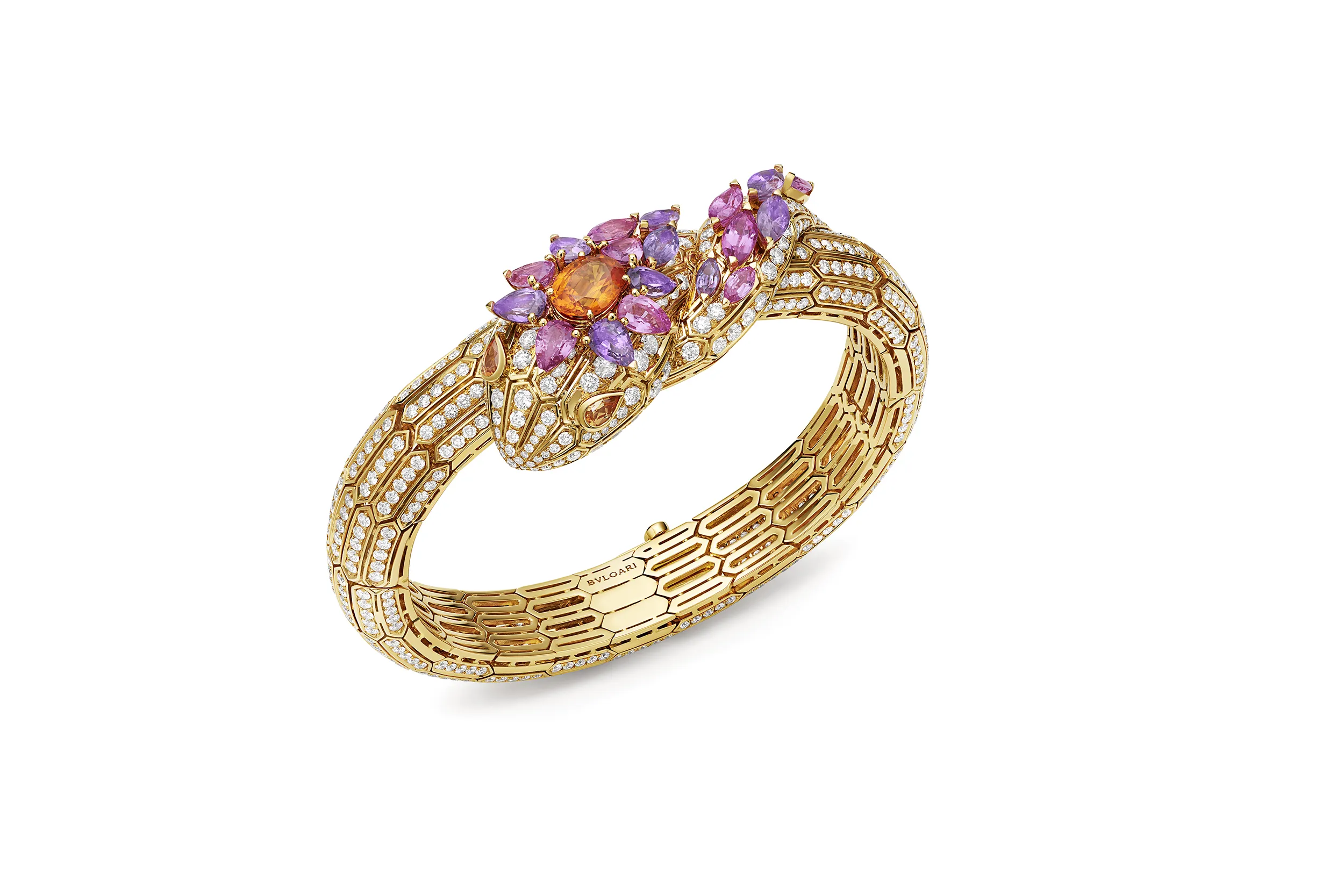 <p>The Bvlgari Serpenti High Jewellery bracelet worn by Lisa Manobal at the 2025 Emmy Awards, set with a 1.99 carat oval-shaped mandarin garnet, eight pear-shaped pink sapphires totalling 3.84 carats, 10 marquise sapphires totalling 3.75 carats, two pear-shaped garnets and pavé-set diamonds in 18k yellow gold</p>
