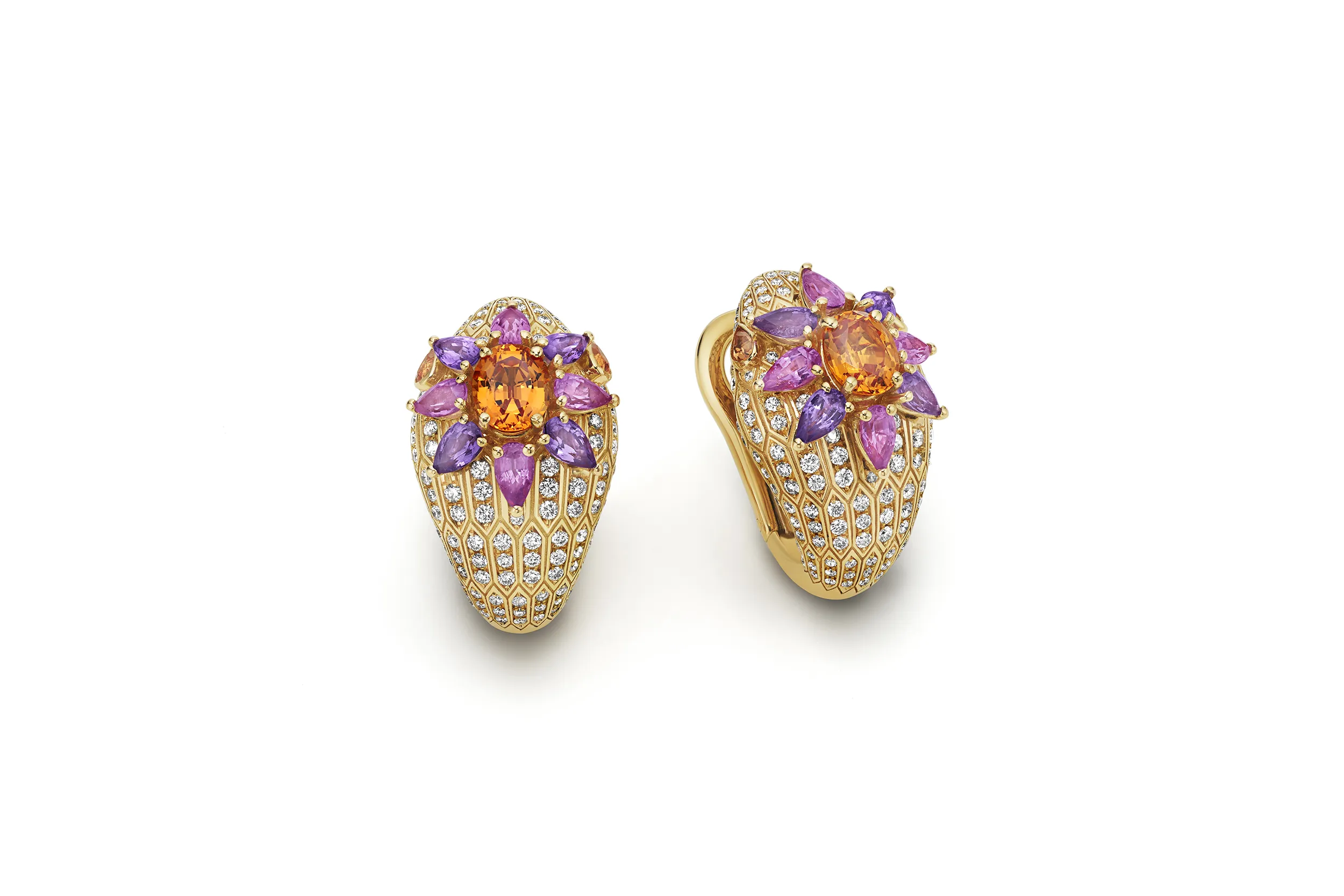 <p>The Bvlgari Serpenti High Jewellery earrings worn by Lisa Manobal at the 2025 Emmy Awards, set with two oval-shaped mandarin garnets, 16 pear-shaped sapphires totalling 2.64 carats, four pear-shaped garnets and pavé-set diamonds in 18k yellow gold</p>
