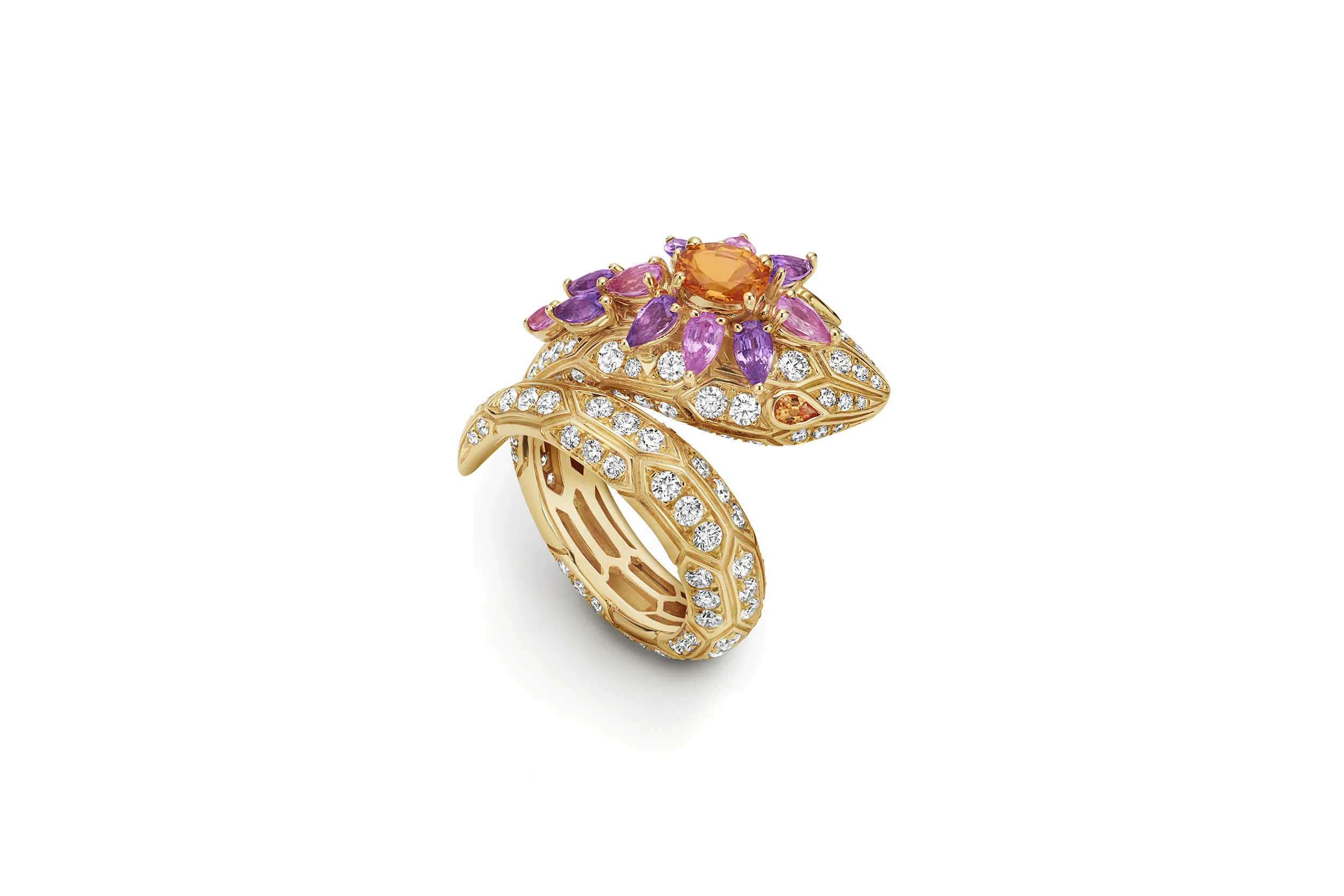 <p>The Bvlgari Serpenti High Jewellery ring worn by Lisa Manobal at the 2025 Emmy Awards, set with an oval-shaped mandarin garnet, pear-shaped sapphires, marquise-shaped sapphires, pear-shaped garnets and pavé-set diamonds in 18k yellow gold</p>
