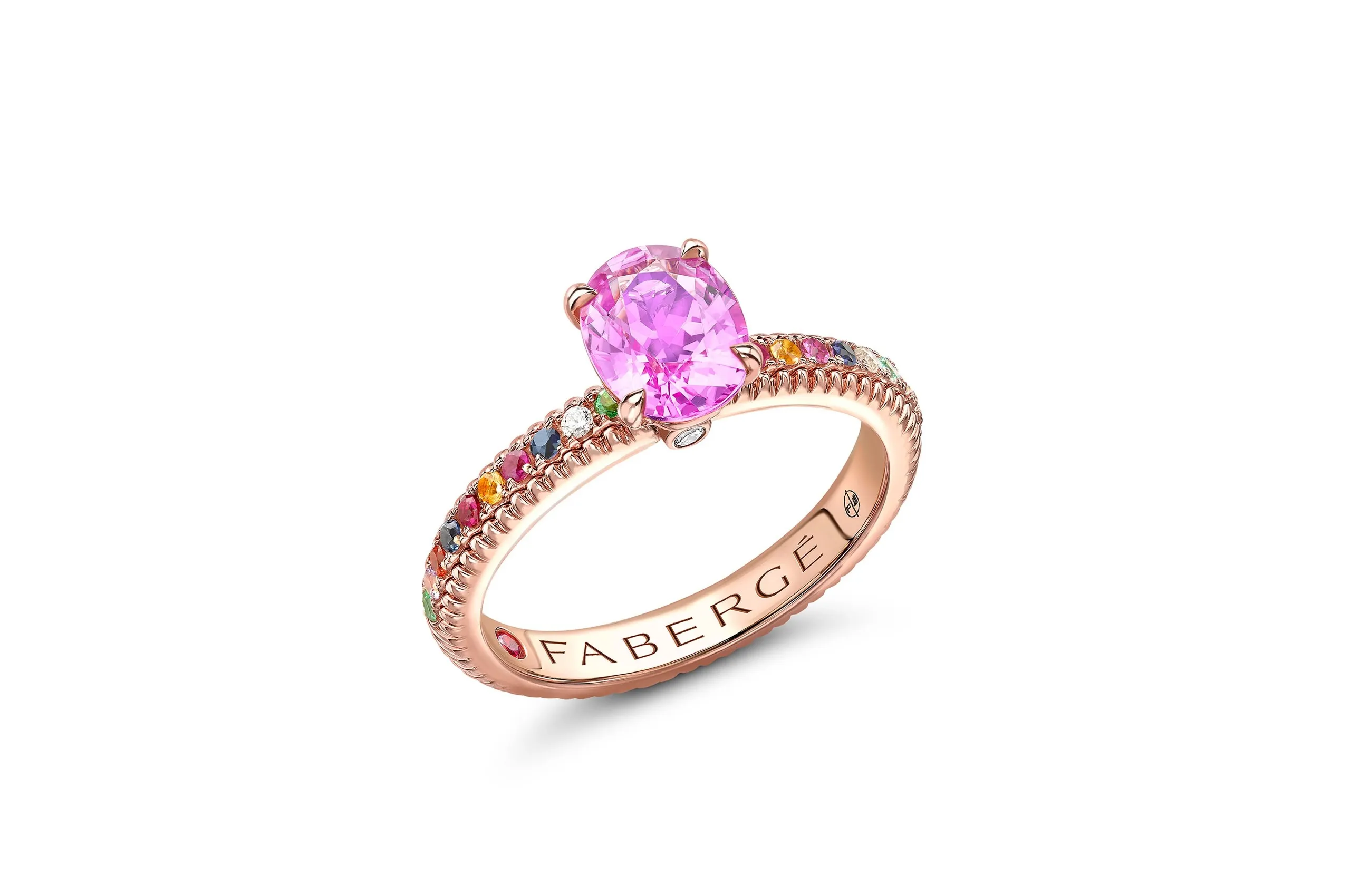 Fabergé Colours of Love pink sapphire engagement ring with multicoloured gemstone shoulders, in 18K rose gold