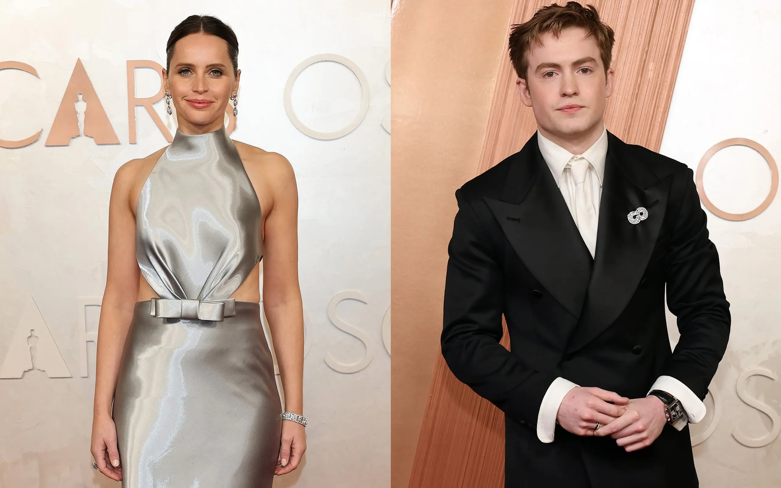 Felicity Jones wearing a Boucheron Art Deco bracelet (circa 1927), the Vendôme Liseré pendant earrings, and the Vendôme Liseré solitaire ring, set with a 4.10ct emerald-cut diamond, alongside Kit Connor in a Boucheron Art Deco diamond and platinum brooch (1924), both on the red carpet at the 97th Annual Academy Awards 2025