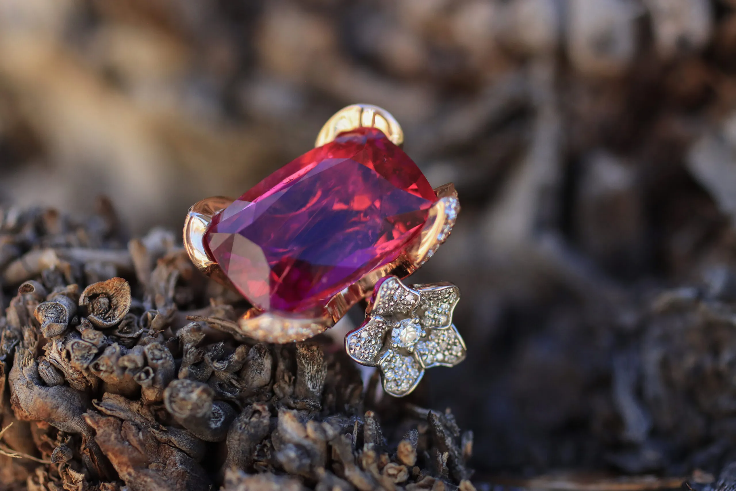 A closer look at the floral details in this rubellite tourmaline cocktail ring by Lisa Nik, set in 18k rose gold 