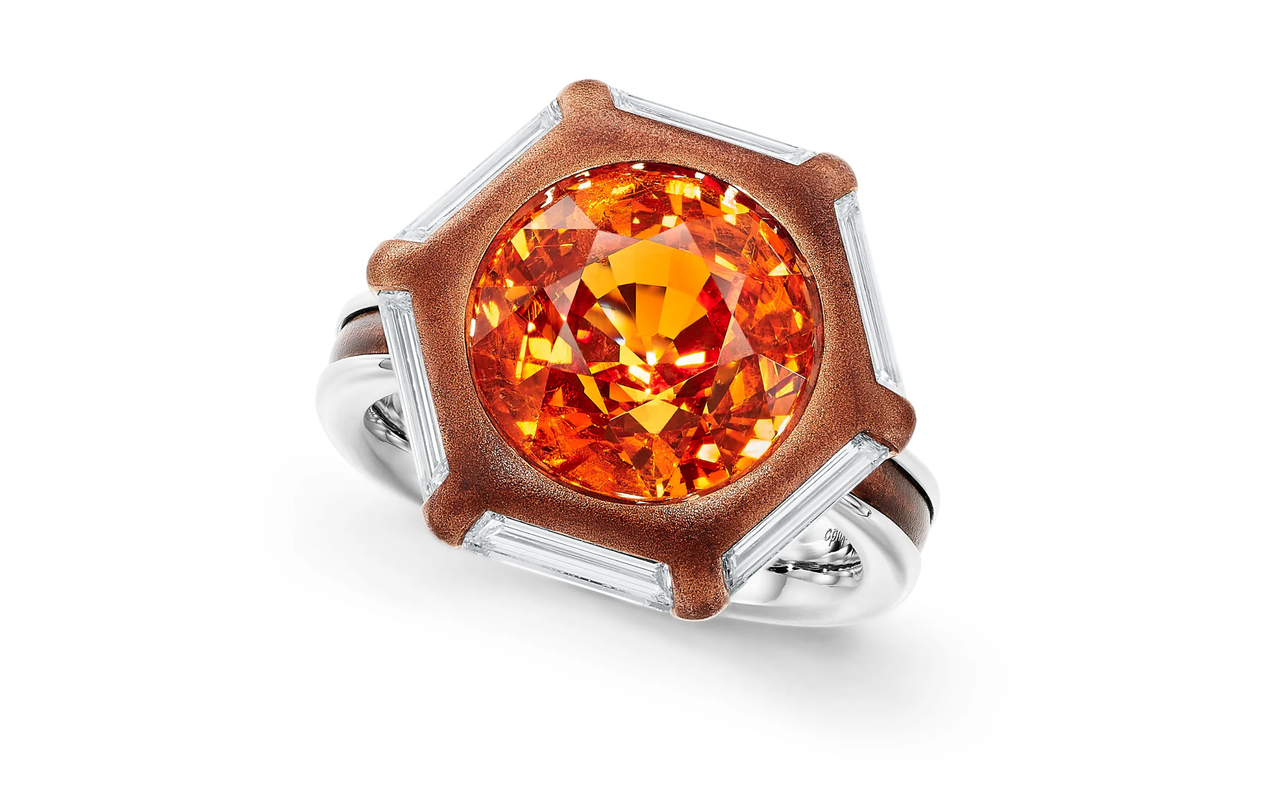 FORMS ring with a 9.20 carat mandarin garnet and 1.83 carats of diamonds in platinum and shakudo, to be presented at TEFAF Maastricht 2025