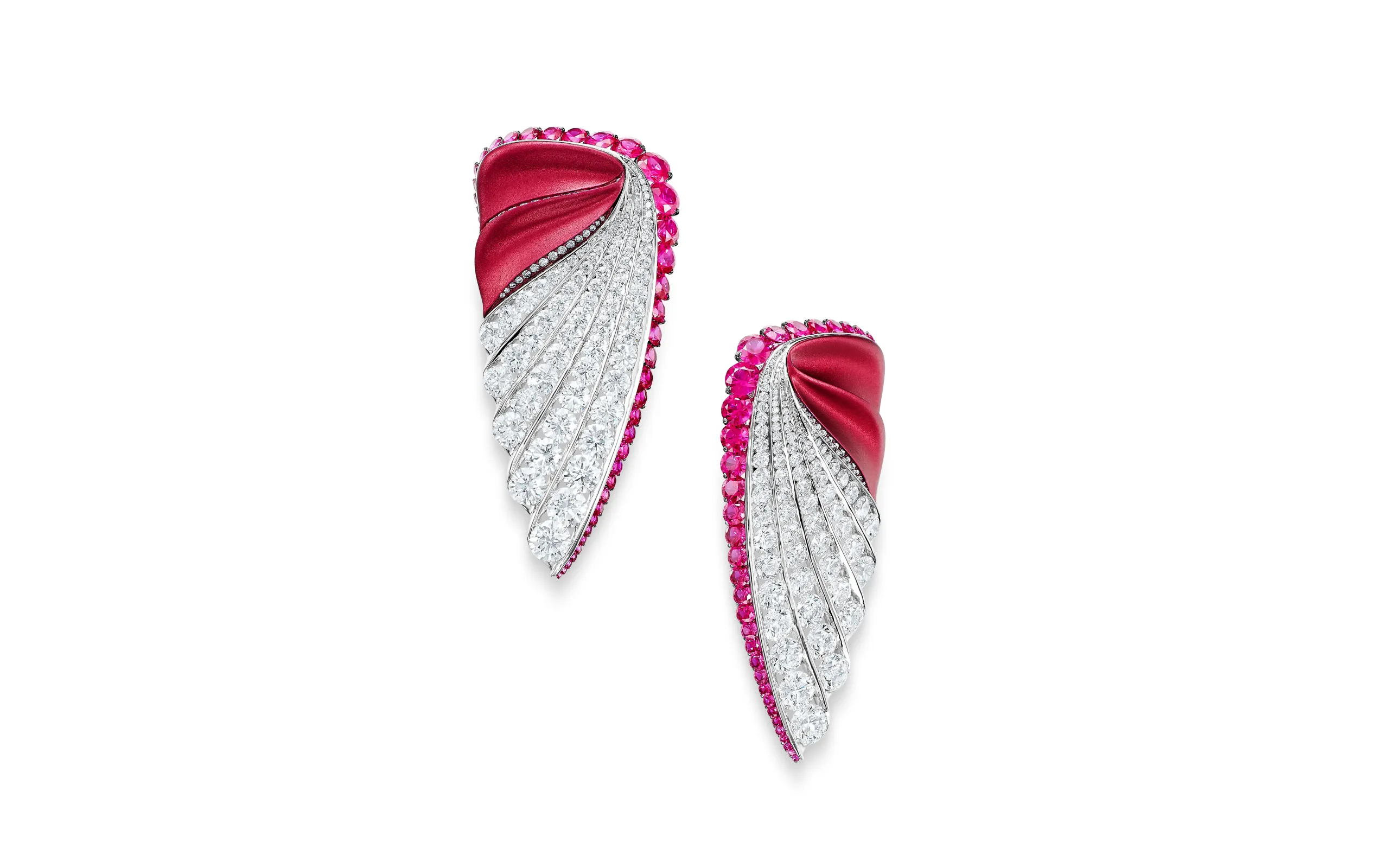 FORMS Wings earrings with 5.22 carats of rubies and 11.26 carats of diamonds in 18k white gold and purplish red aluminium to be presented at TEFAF Maastricht 2025