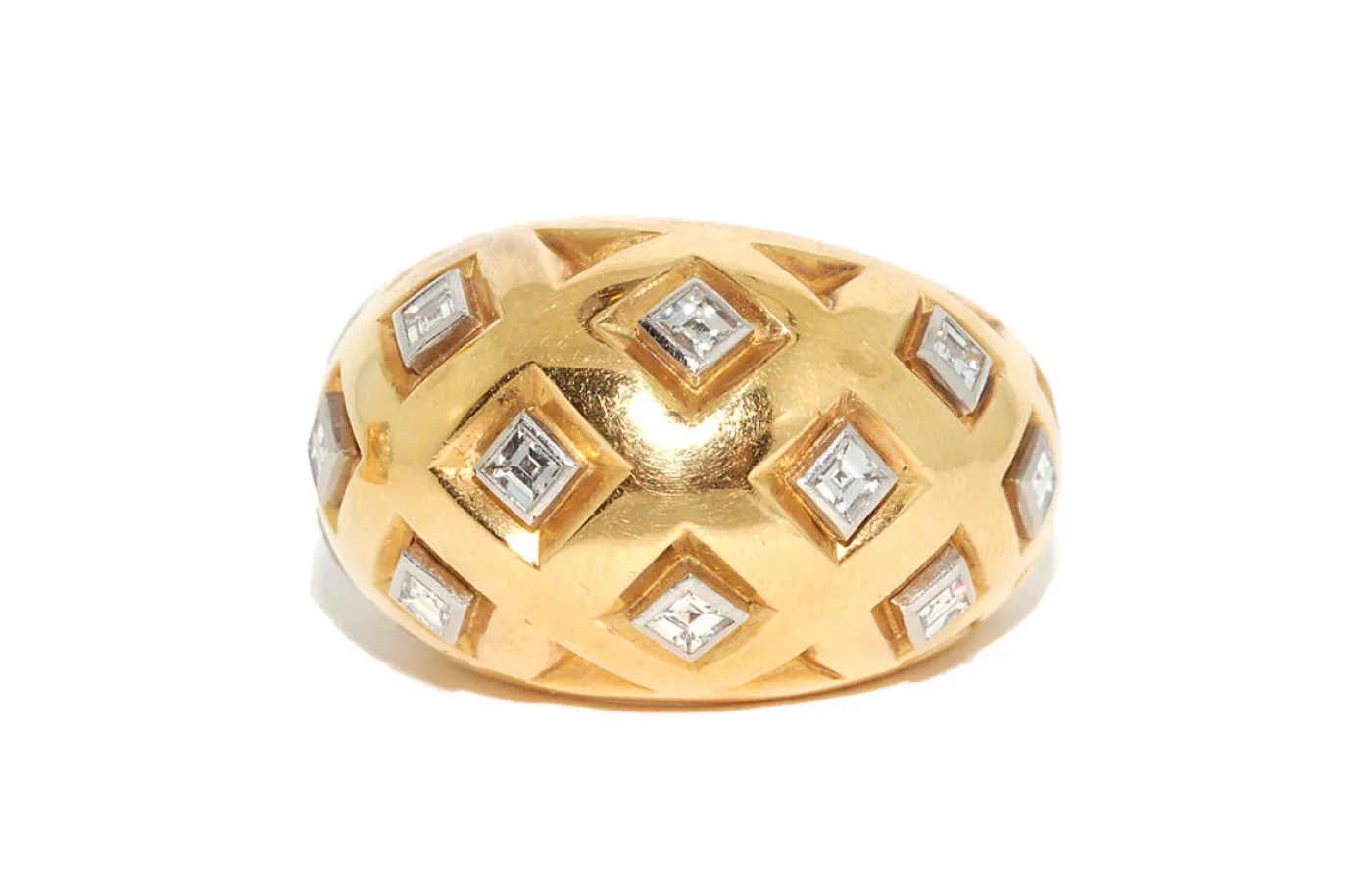 Retro 18 carat yellow gold and diamond bombé ring with French hallmarks, crafted circa 1940s. Available at Fred Leighton.