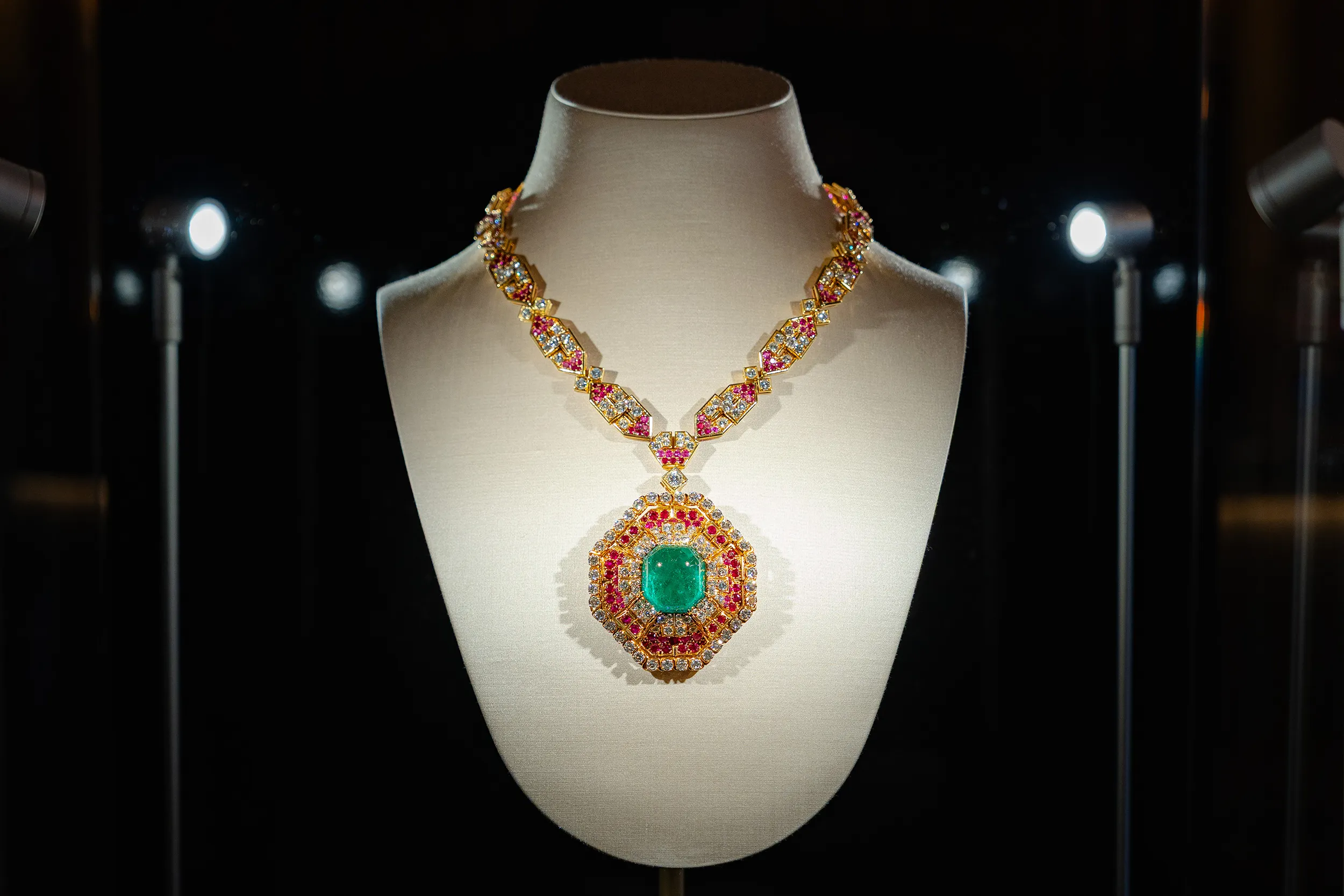 <p>A Bvlgari emerald, ruby and diamond high jewellery necklace from the Heritage Collection</p>
