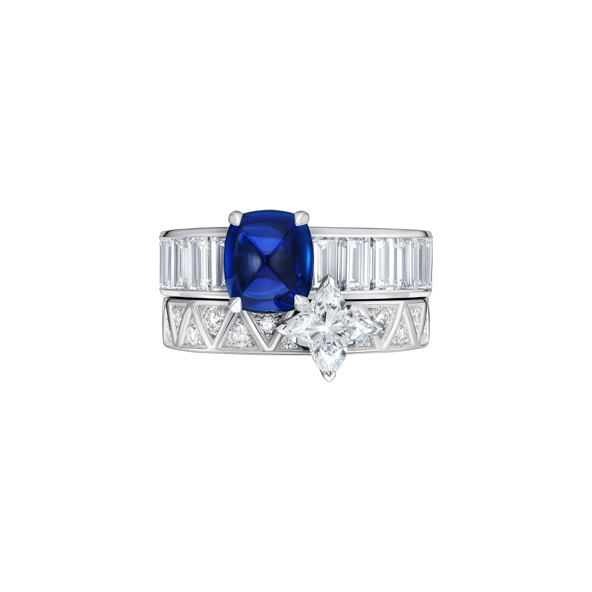 Louis Vuitton Gravité ring with a sugarloaf sapphire, an LV Monogram Star-cut diamond, and further diamonds from Chapter II of the Awakened Hands, Awakened Minds High Jewellery collection