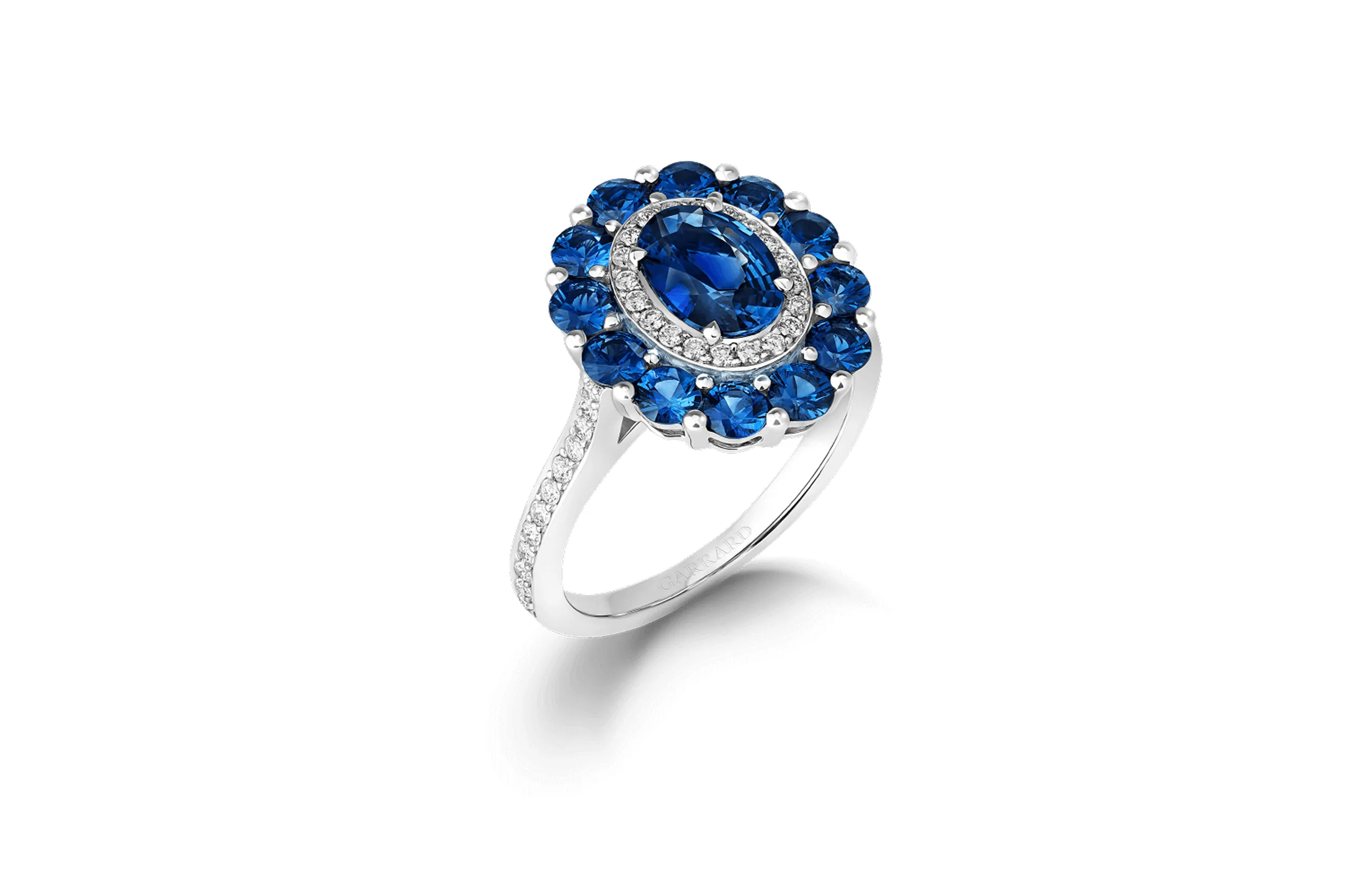 Garrard 1735 Double Colour Cluster sapphire and diamond engagement ring in platinum