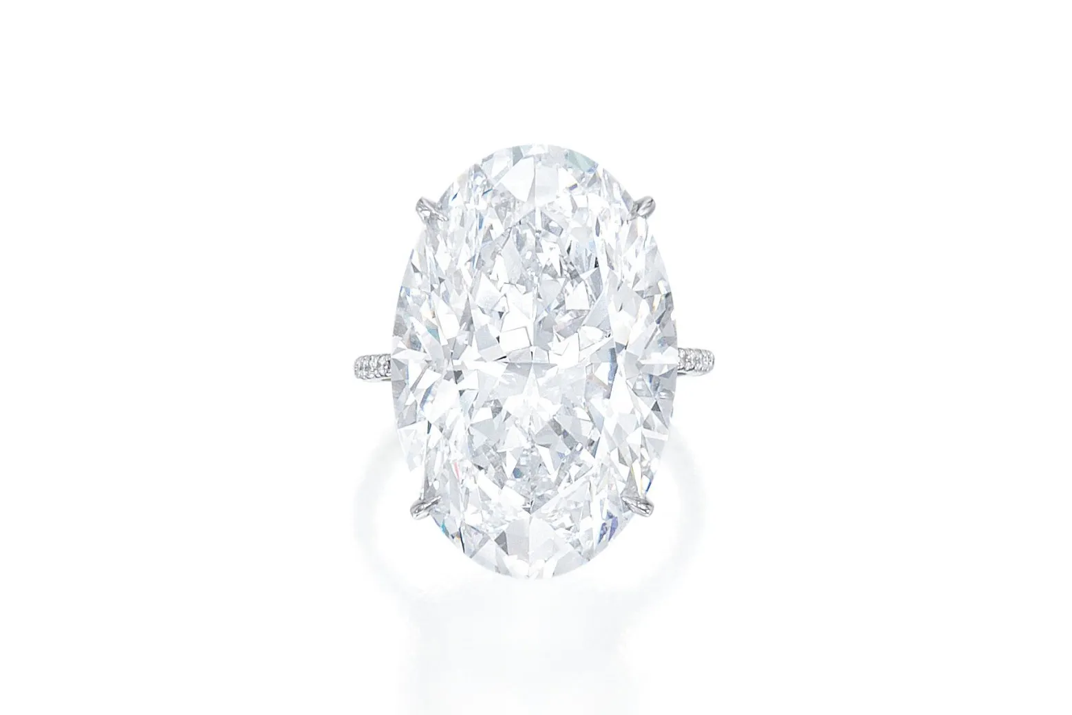 <p>Set with an oval diamond weighing 21.56 carats, this Lorraine Swartz diamond ring was valued between $1.5 million and $2 million by Sotheby&#8217;s.</p>
