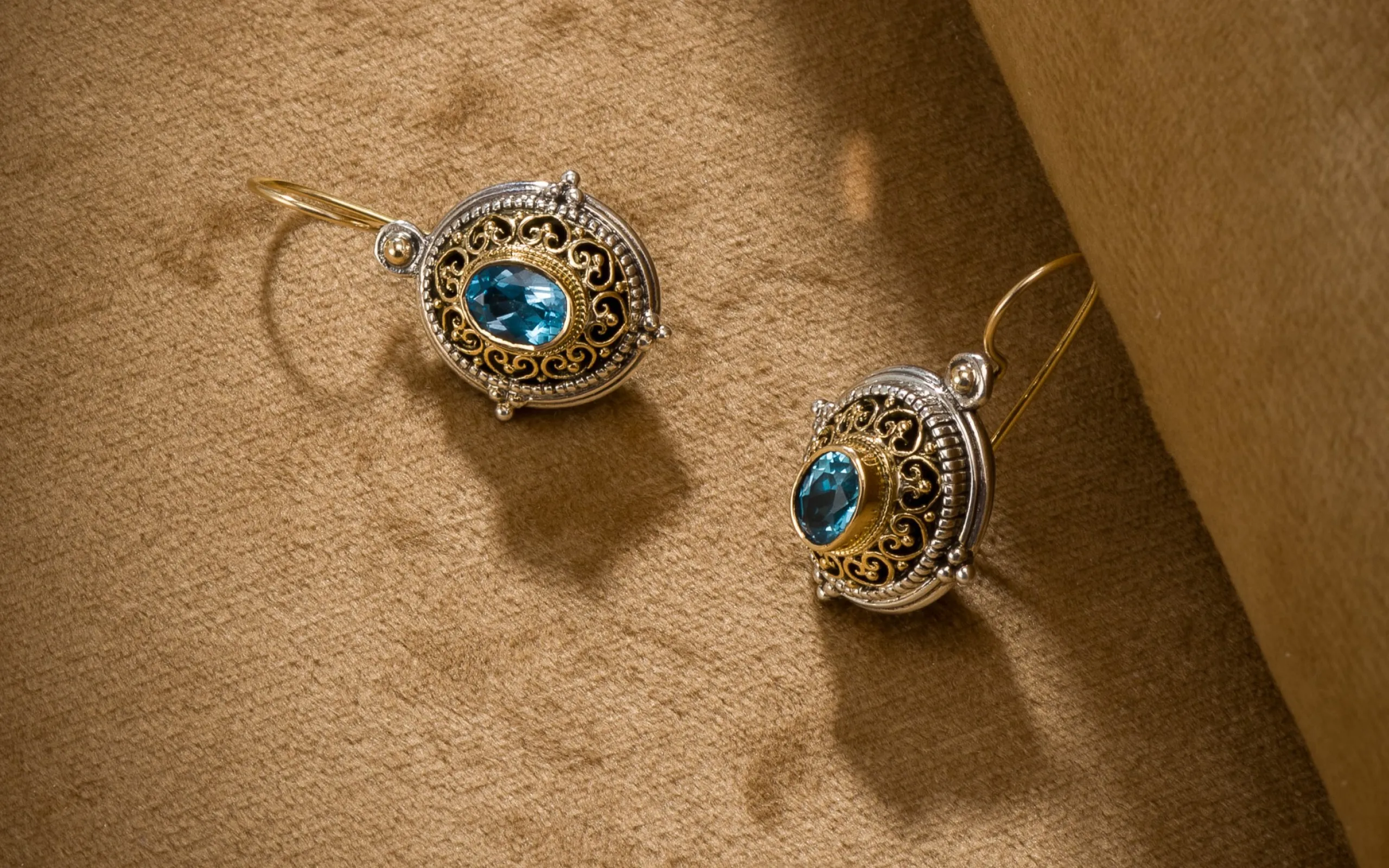 Gerochristo Jewelry Byzantine collection earrings with blue topaz in sterling silver and 18k yellow gold