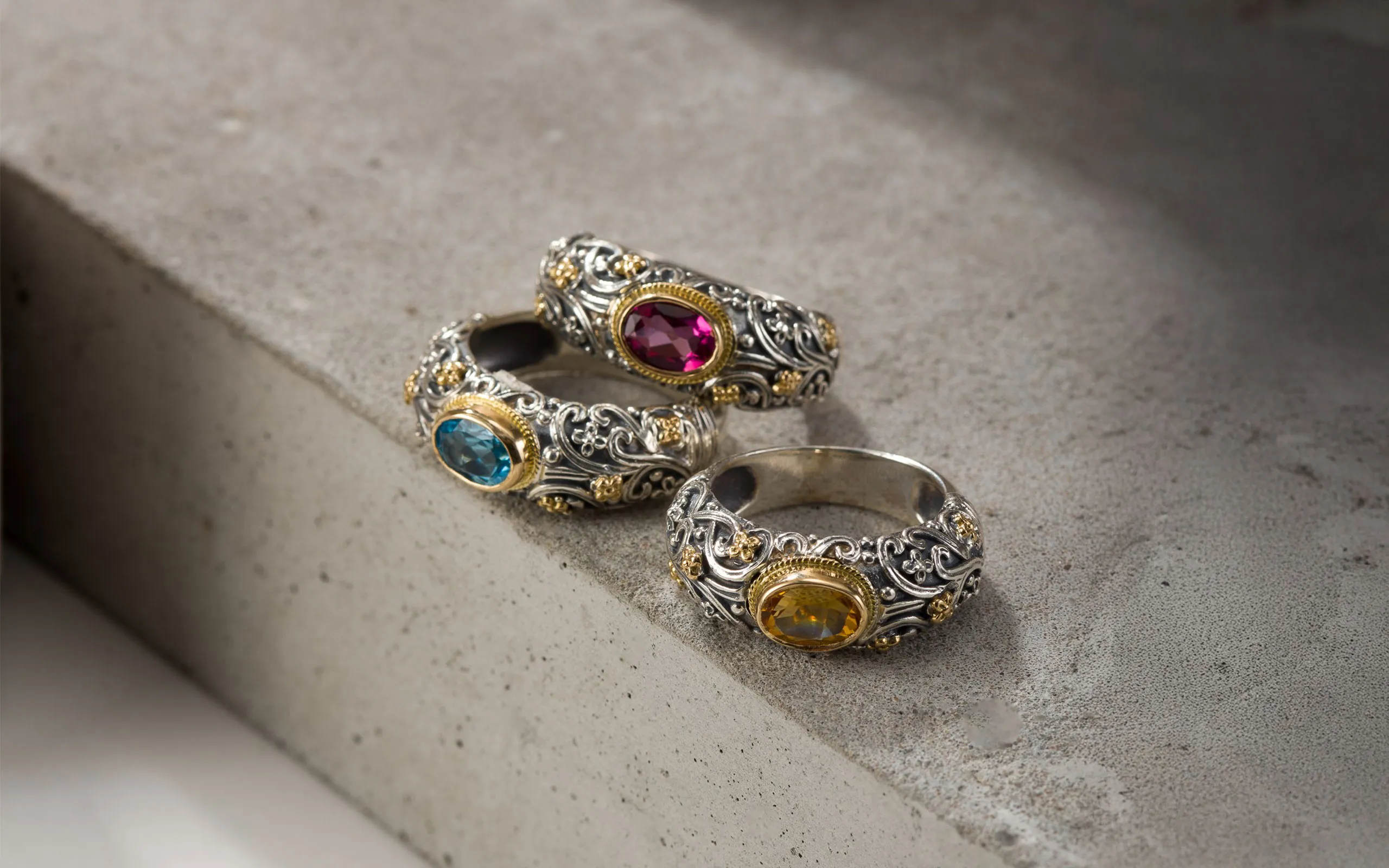 The best-selling Eve Eden’s Garden ring by Gerochristo Jewelry with oval-shaped coloured gemstones in sterling silver accented with 18k gold 