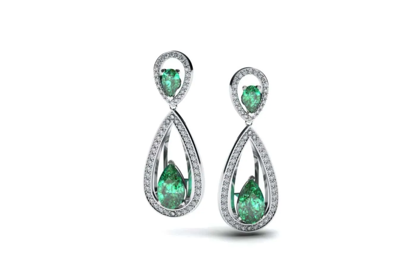Korbička Šperky earrings in 18k white gold with pear-shaped emeralds