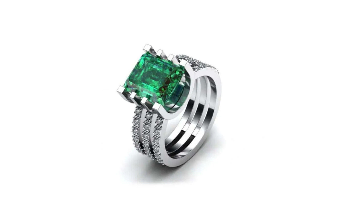 Korbička Šperky ring in 18k white gold with an emerald and three rows of diamonds