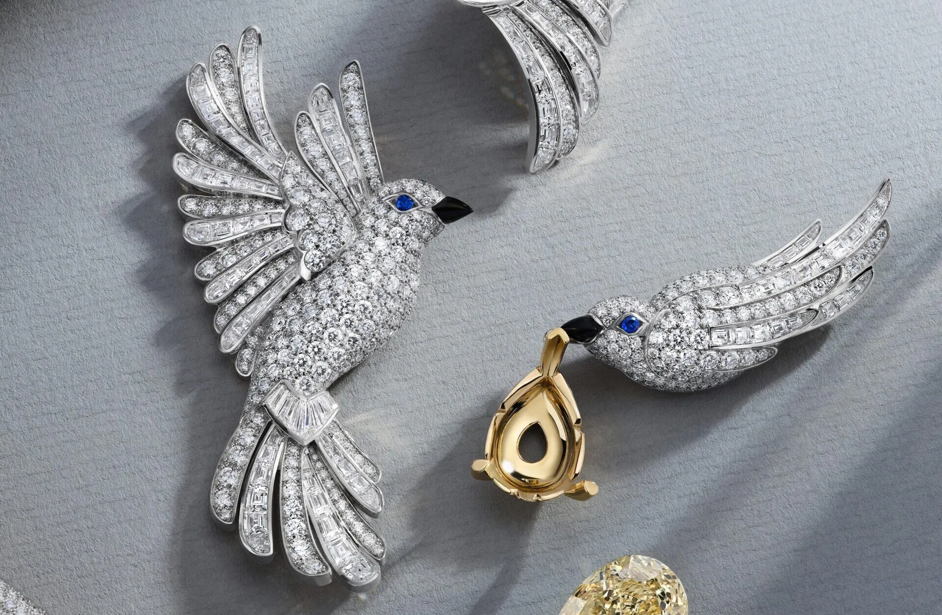 The diamond-set sparrows in The Gift of Love High Jewellery necklace by Graff have onyx beaks and blue sapphire eyes