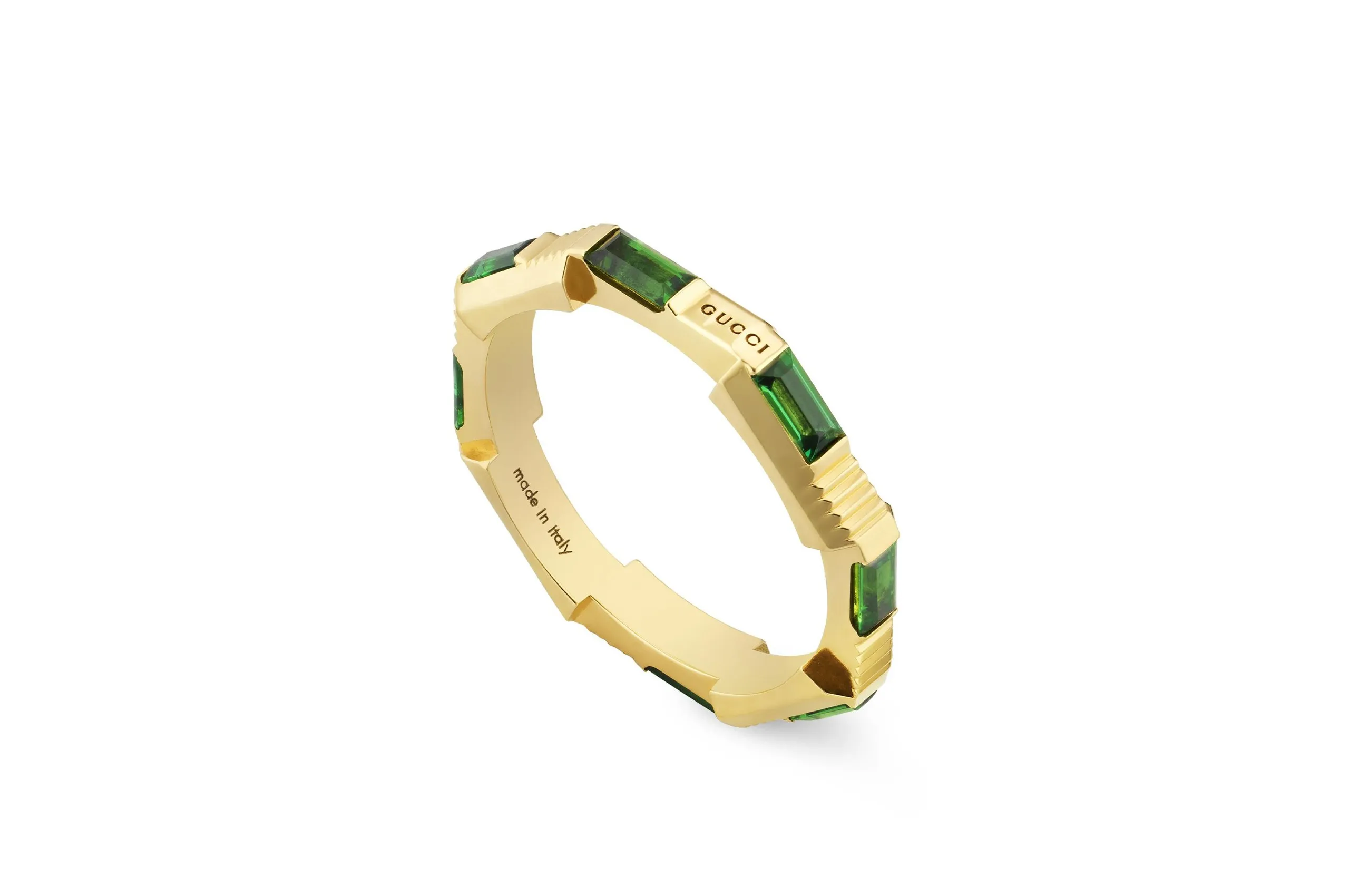Gucci Link to Love 18K yellow gold ring, set with baguette cut green tourmalines.