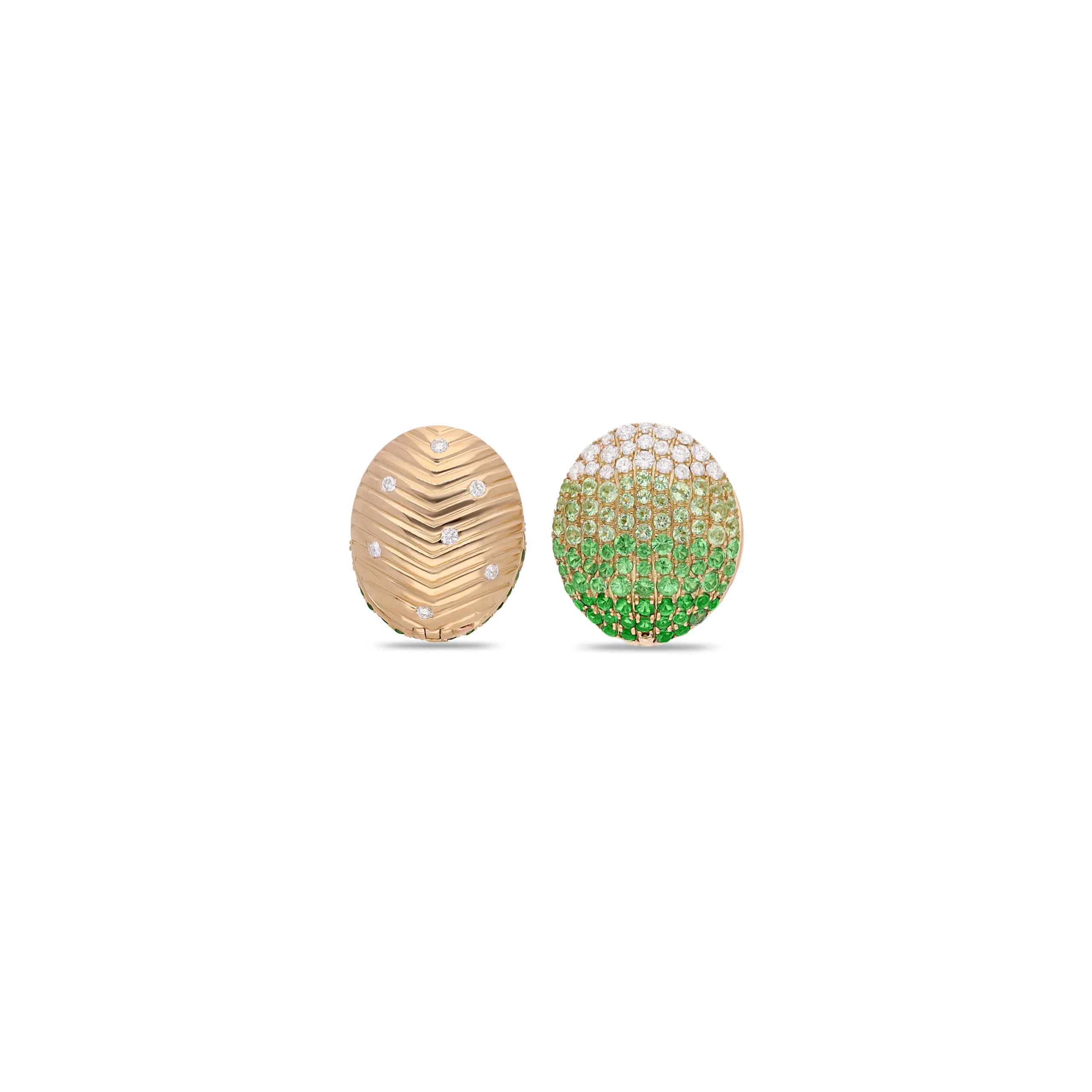 Gyan Jaipur oval-shaped reversible earrings from the Yami collection with a gradient of green gemstones and diamonds in 18k yellow gold 