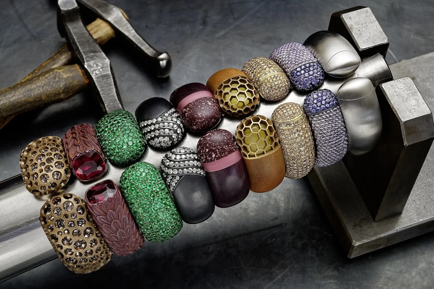 <p>Various iterations of the iconic Hemmerle Harmony bangle throughout the decades</p>
