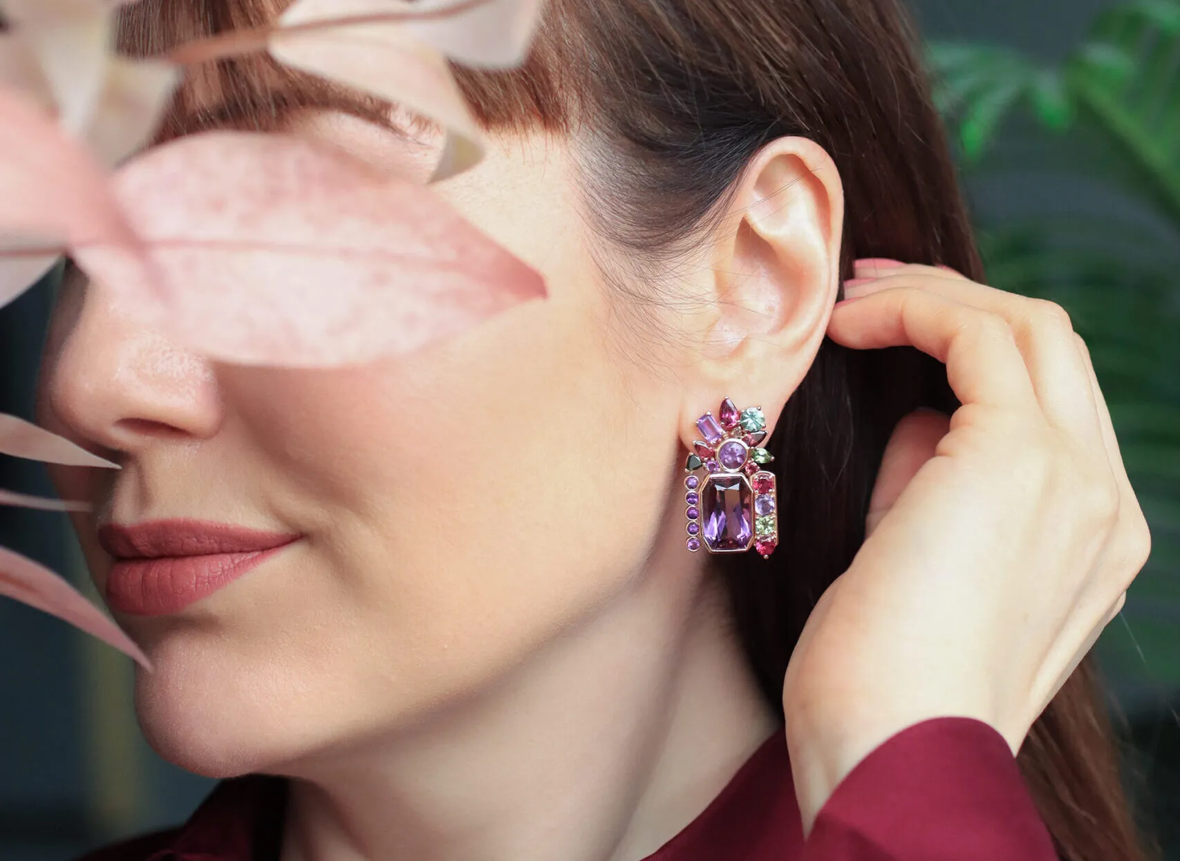 Katerina Perez wears the Zome Jewellery Amoreto earrings with a 9 carat ametrine, multi-coloured tourmalines, garnet and amethyst set in 18k rose gold 