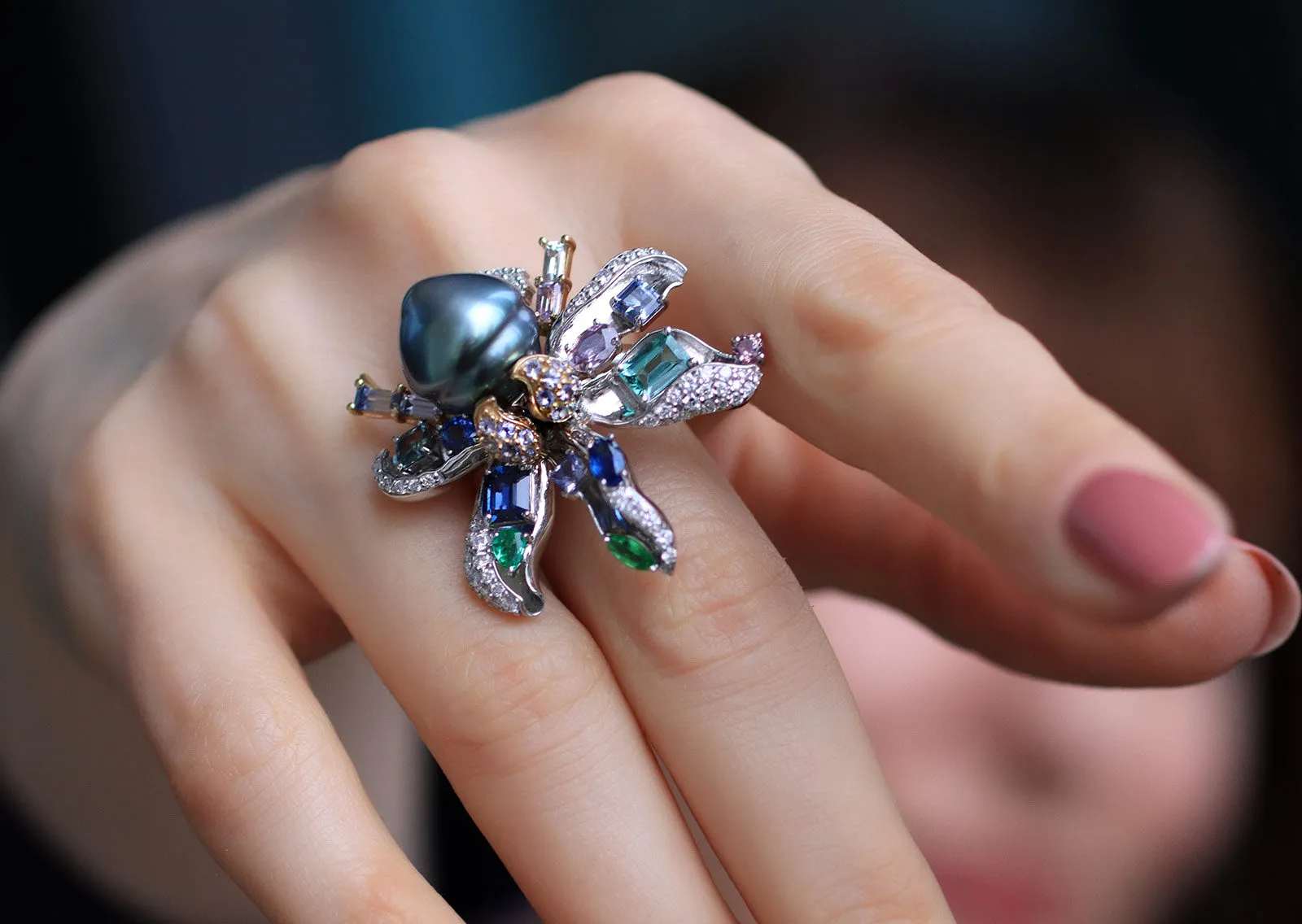 Mariyeh Ghelichkhani Aqua ring from The Orchid collection with a Tahitian pearl, tourmalines, emeralds, sapphires, tanzanites and diamonds, set in 18k white gold 