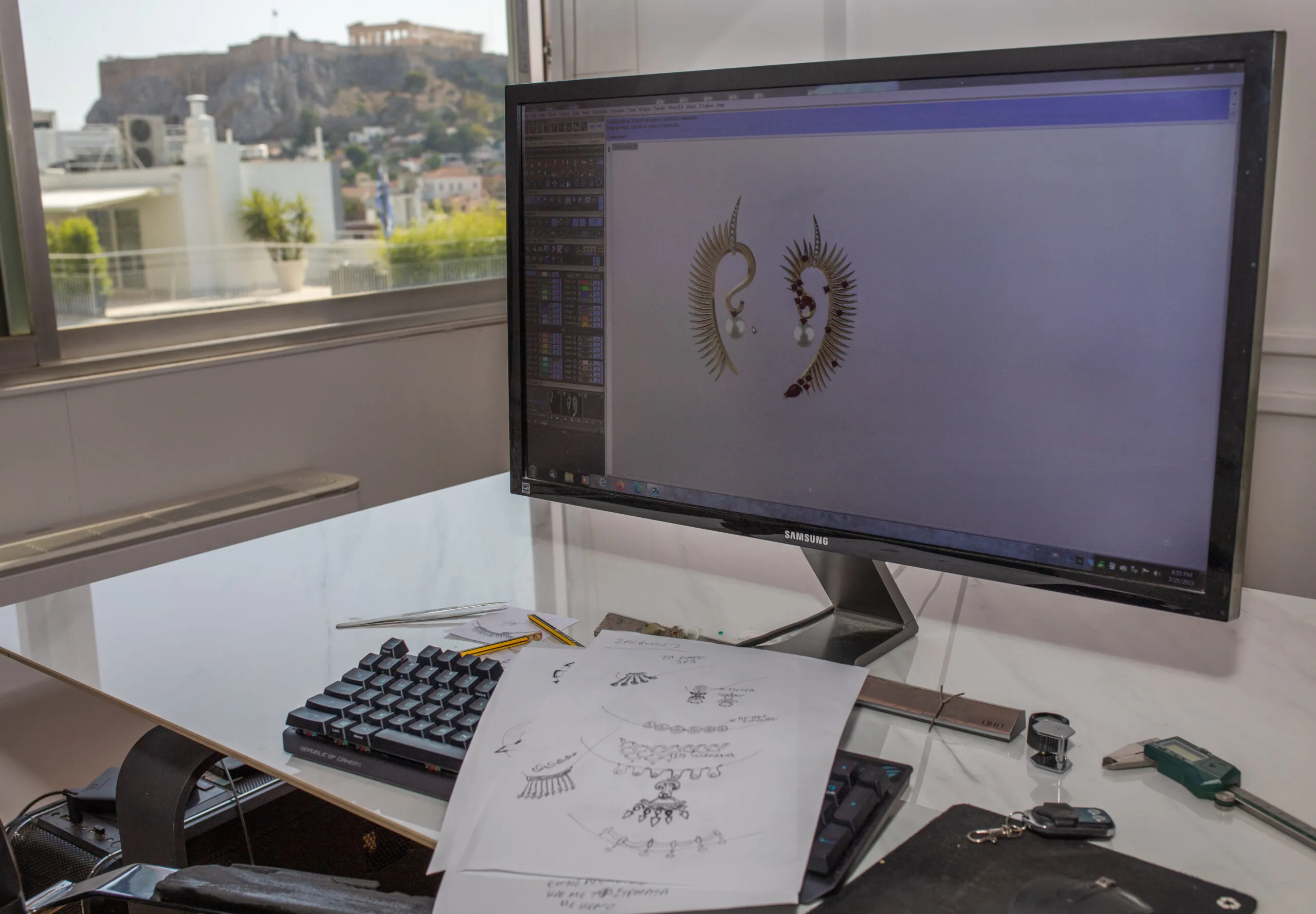 The process of designing pieces in the Dionysios Fine Jewels collection involves hand-sketching and computer-aided design technology 