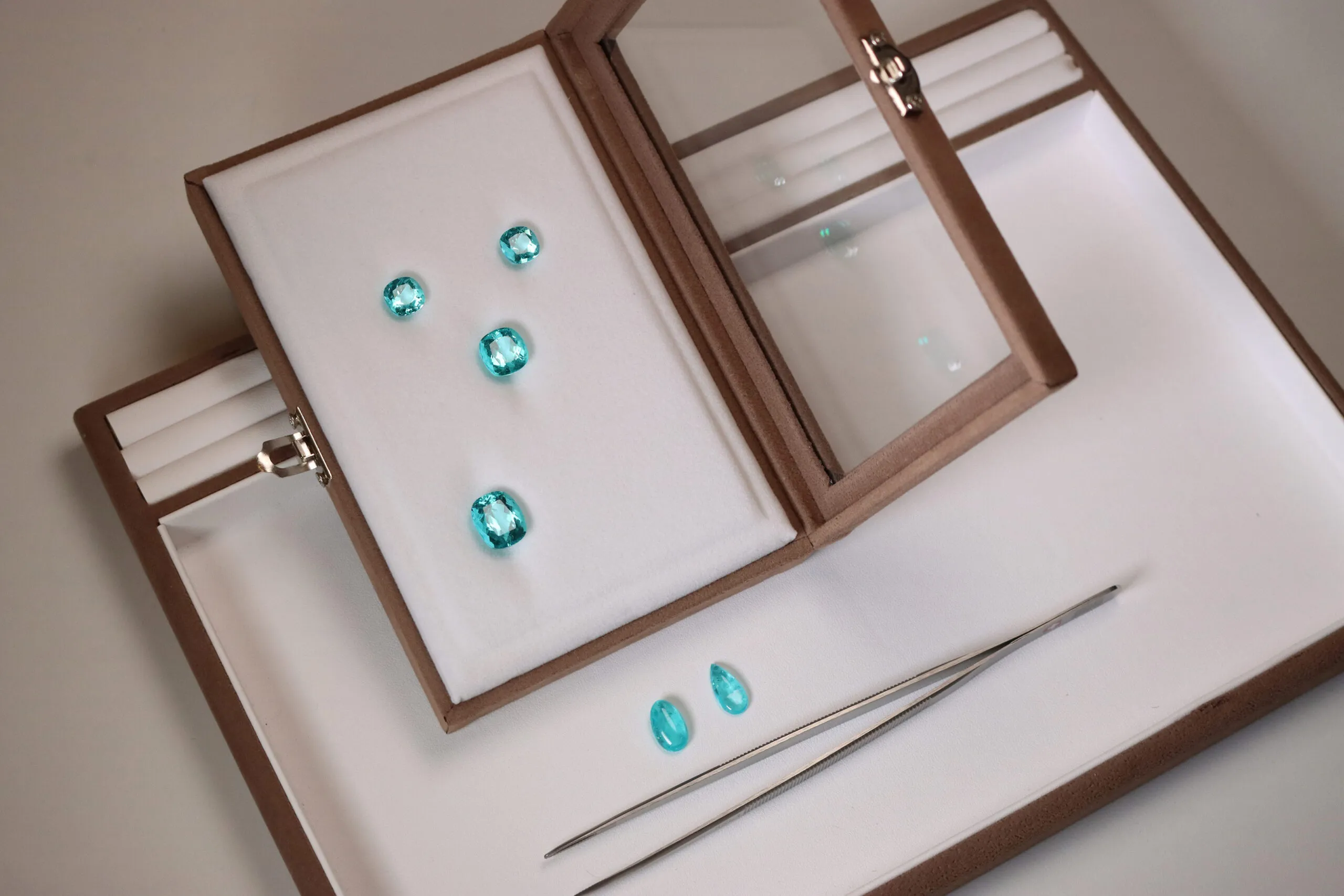 Paraiba tourmalines are found in extremely limited quantities, making these large examples by Brasil Gem Commerce collectors' items