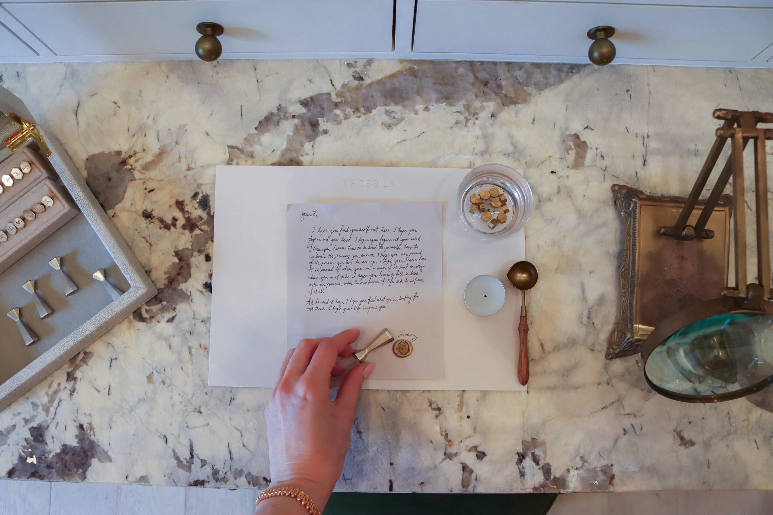 The B.P. de Silva family has a passion for letter writing, which is highlighted here with a piece of correspondence and all the tools needed to add a golden wax seal 