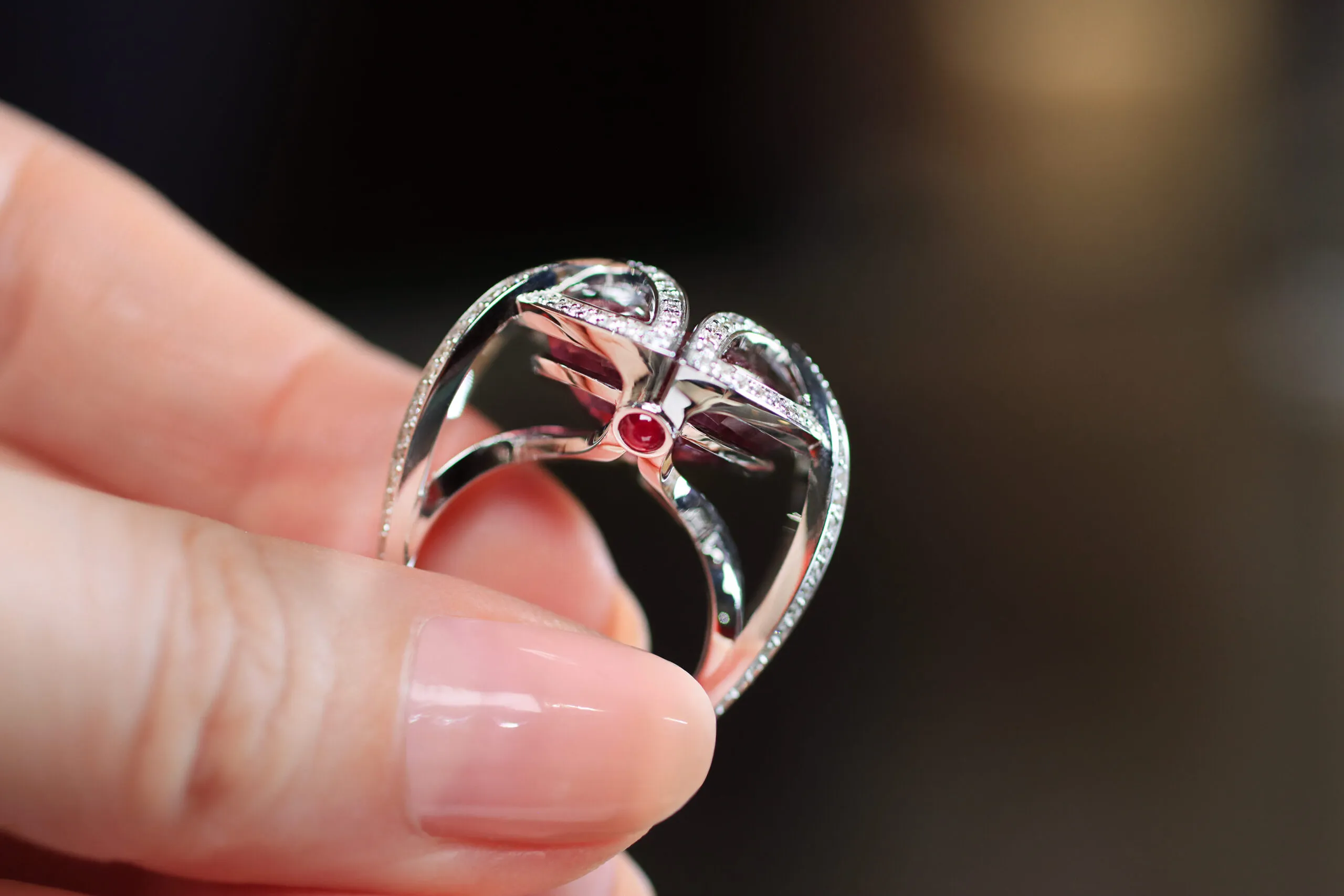 A closer look at the details contained within the Passion ring by Elena Semy Jewellery, set with a 27.09 carat ruby and 1.4 carats of diamonds in 18k white gold 