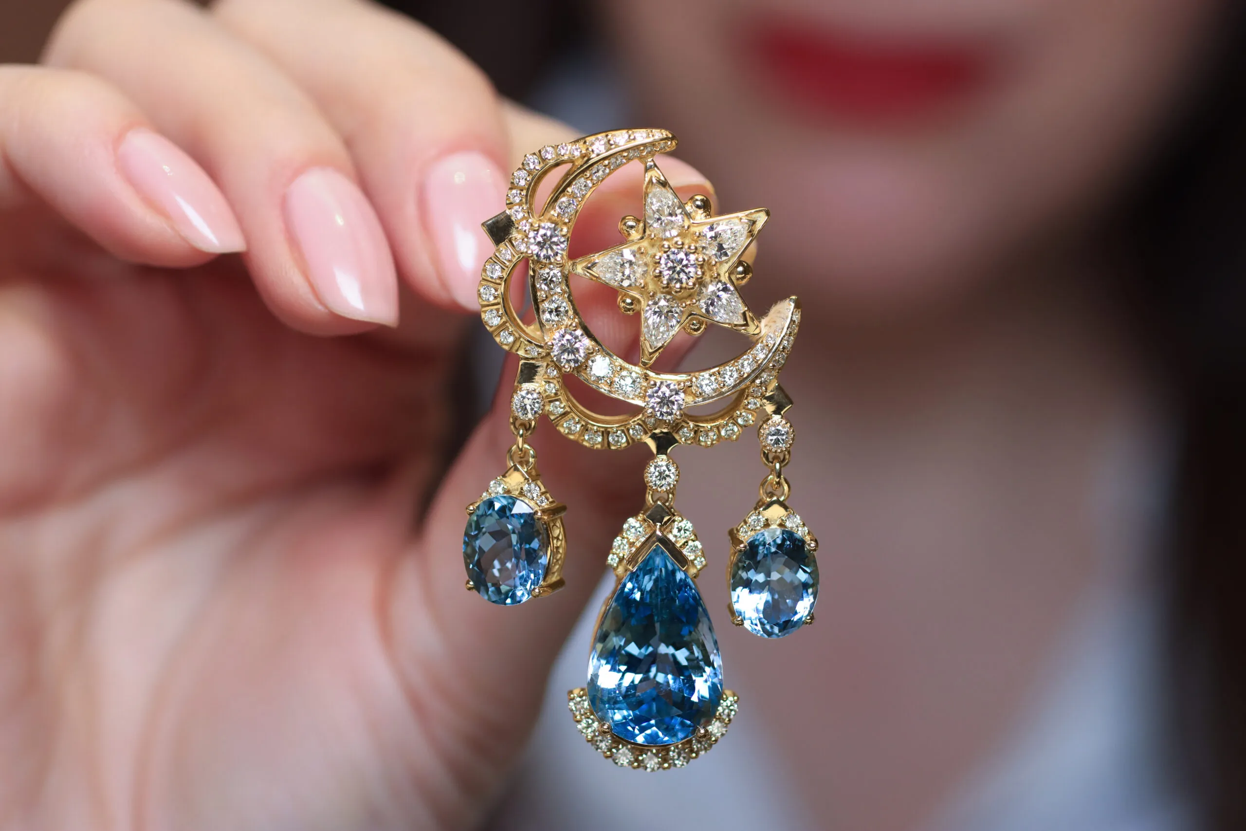 Azza Fahmy Ottoman Star & Crescent brooch from the second chapter of the Tales of the Nile High Jewellery collection with pear-shaped aquamarines and diamonds in yellow gold