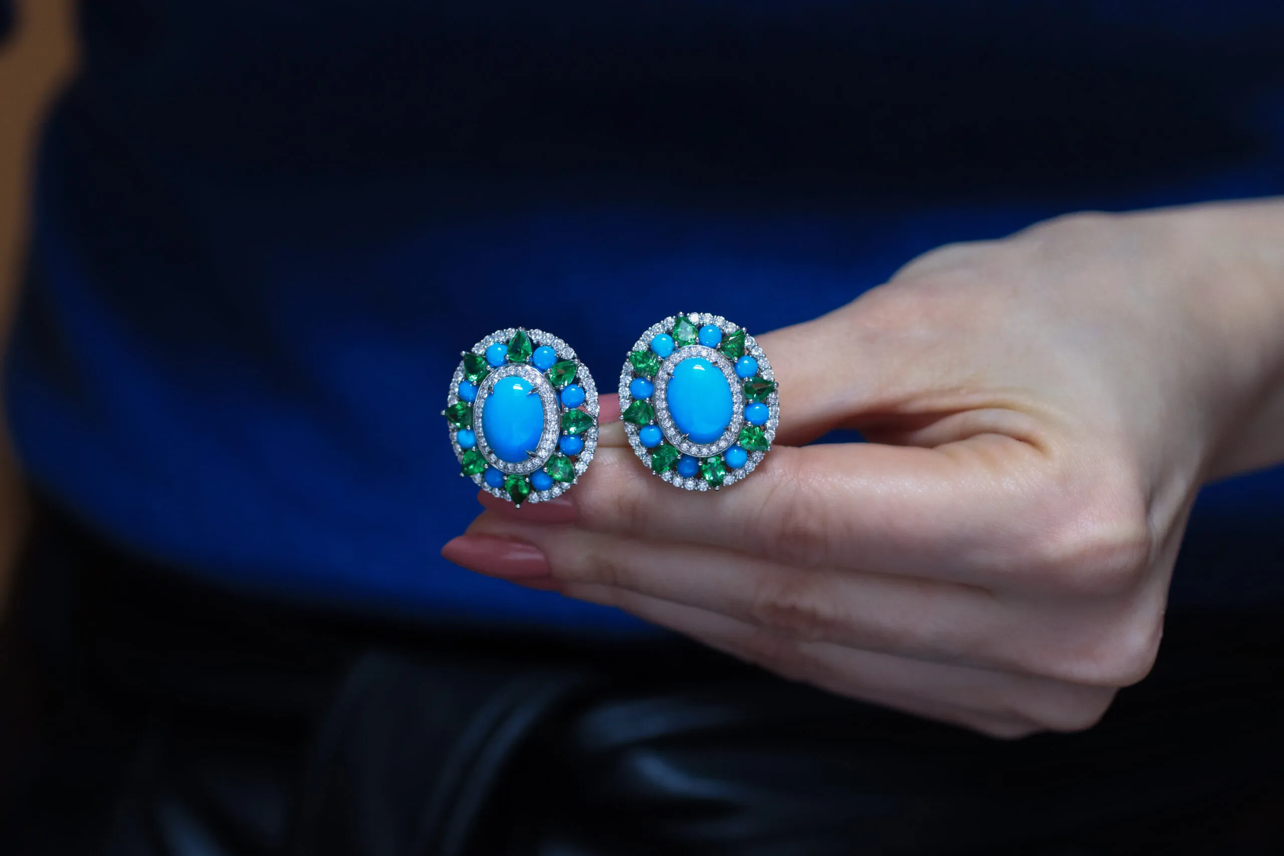 AKANO Chikaodili earrings with 9.42 carats of turquoise, 3.34 carats of diamonds, 1.08 carats of pear-shaped tsavorites, and 5.1 carats of round tsavorites, set in 18k gold 