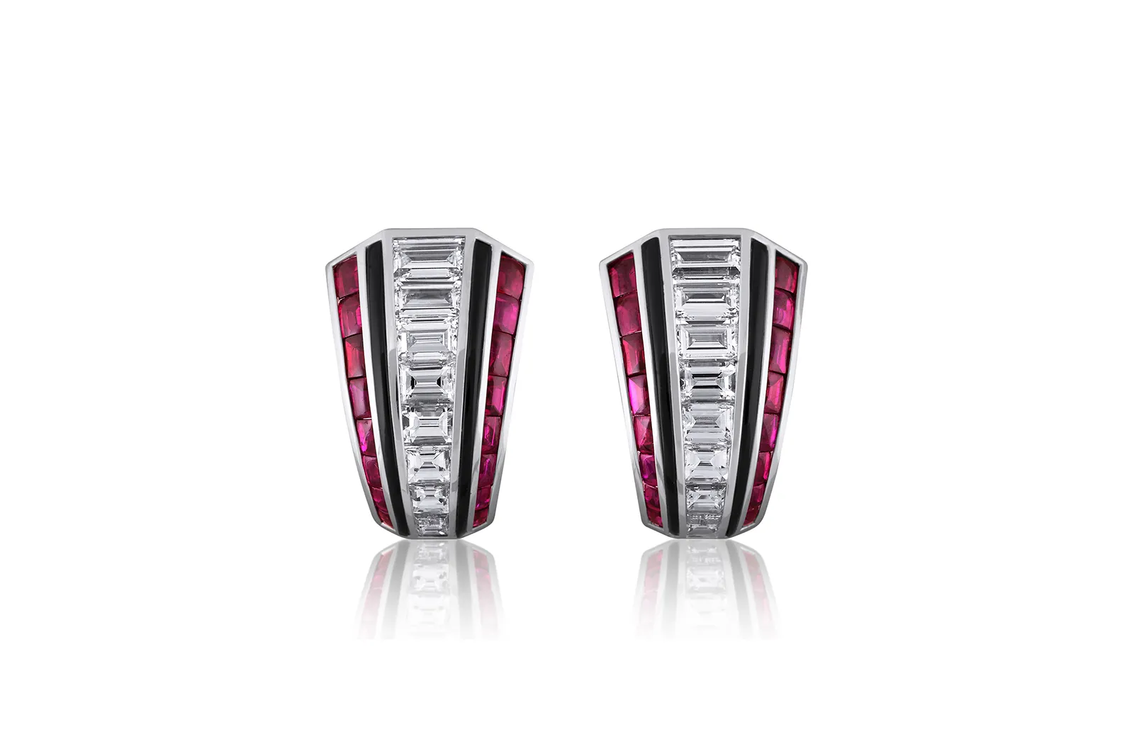 Impeccably Picchiotti earrings from the Picchiotti Classics collection with 2.96 carats of buff-top Burmese rubies, baguette-cut diamonds and onyx set in 18k white gold 