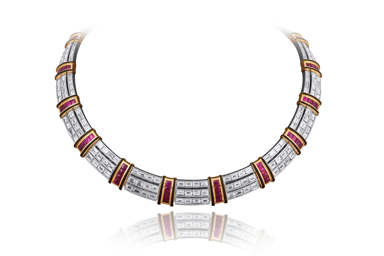 Impeccably Picchiotti necklace from the Picchiotti Classics collection with buff top Burmese rubies, diamonds and onyx set in 18k white and yellow gold