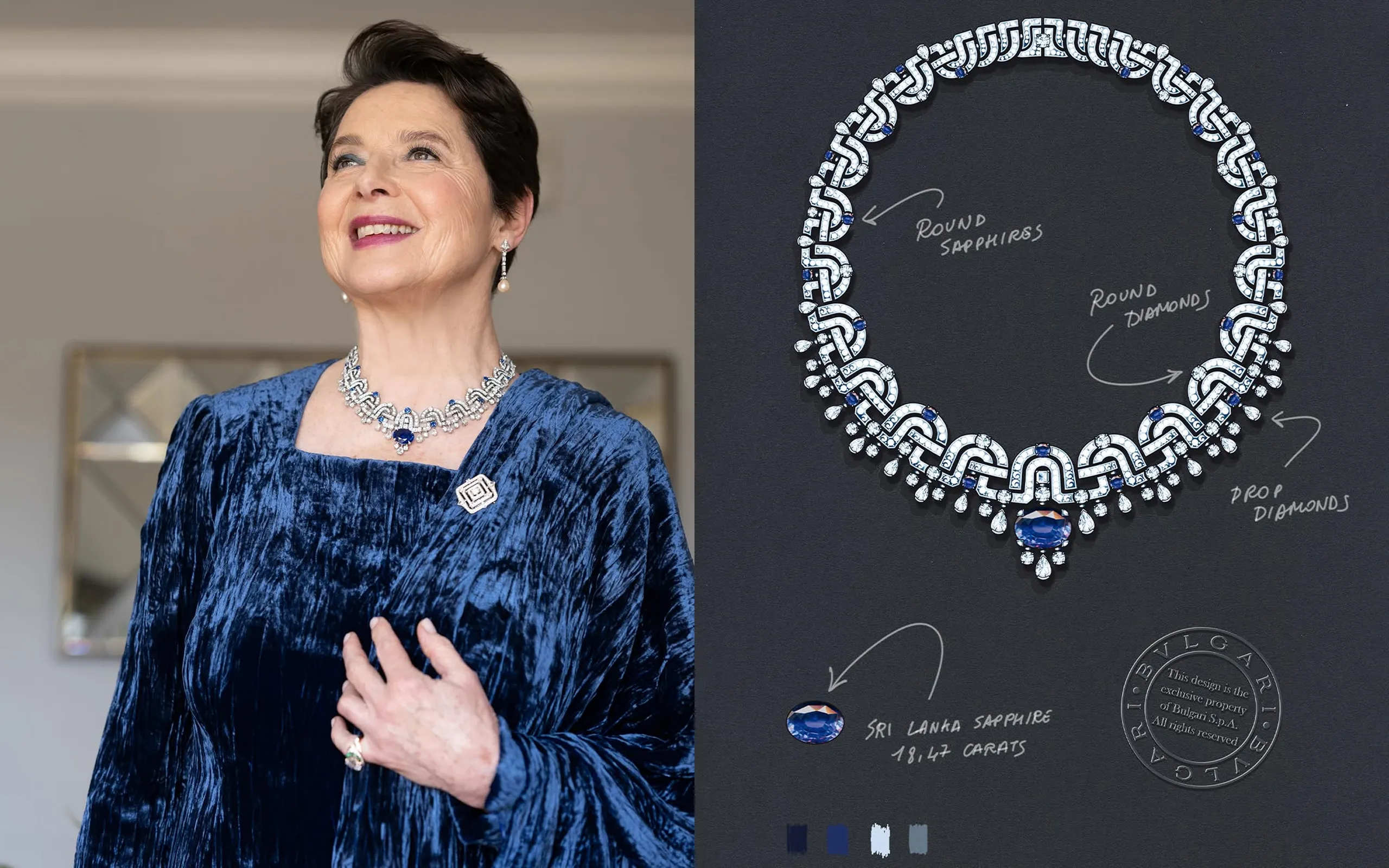 Isabella Rossellini at the 97th Annual Academy Awards 2025 wearing a Bvlgari High Jewellery necklace with diamonds, round sapphires, and an oval-shaped 18.47-carat Sri Lankan sapphire