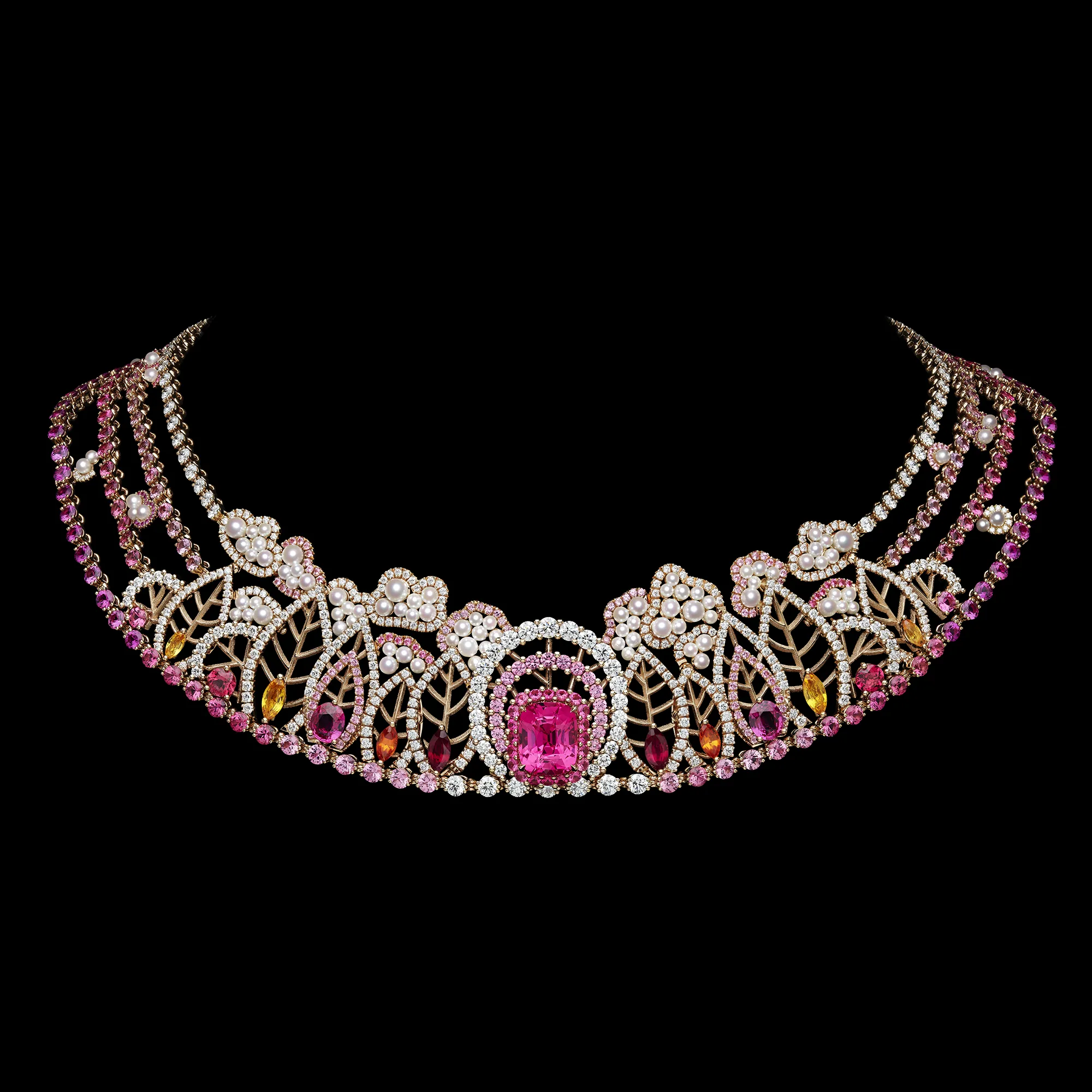 A necklace with a large ruby, diamonds, micro-pearls and multi-coloured gemstones from the Dior Milly Dentelle High Jewellery collection