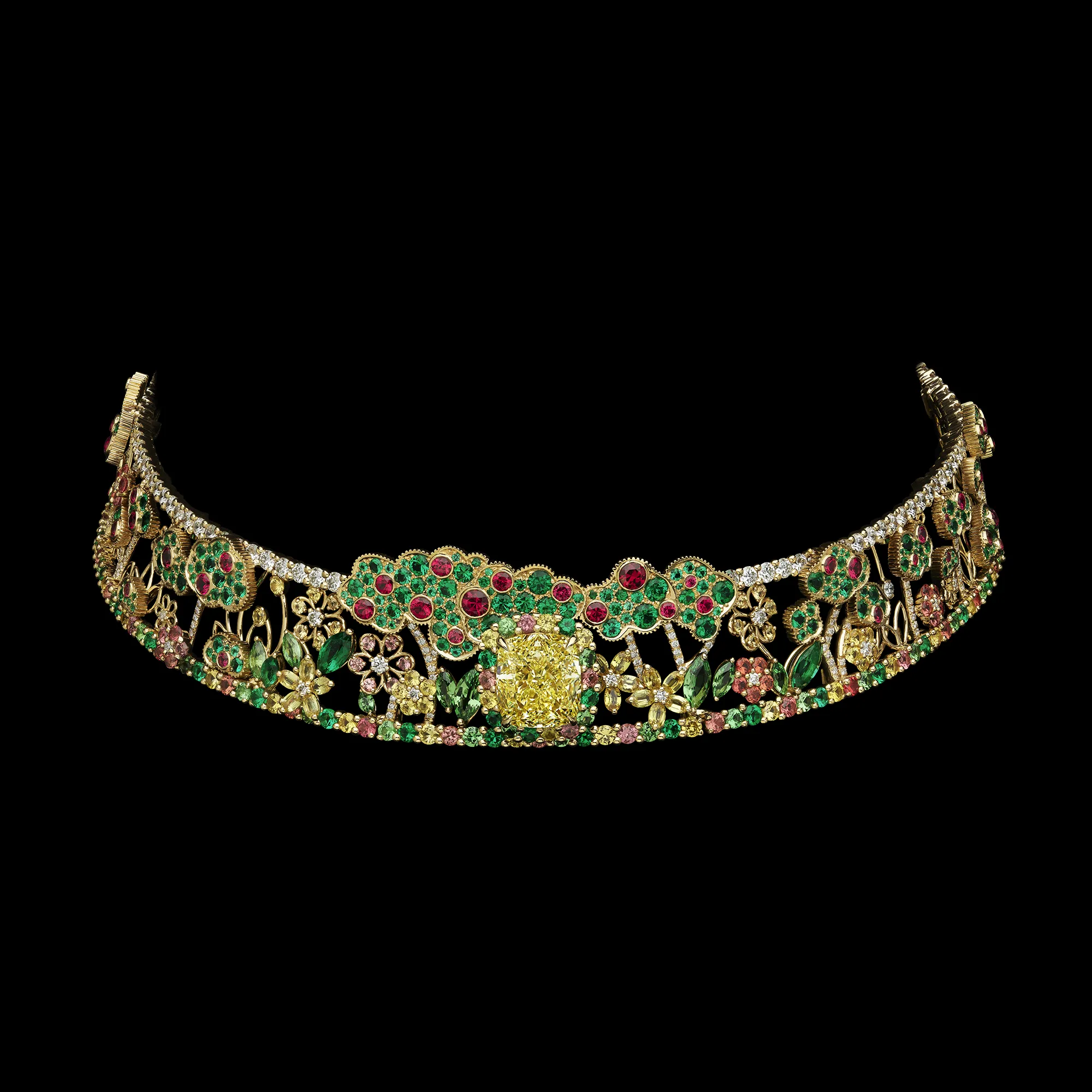 A choker necklace with a garden scene, set with a cushion-shaped yellow diamond, ruby-set fruit trees, marquise-shaped yellow sapphires, pink sapphires and tsavorites in yellow gold, from the Dior Milly Dentelle High Jewellery collection 