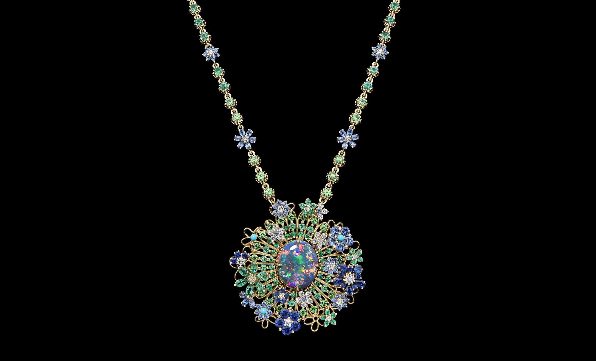 A long pendant necklace set with an oval-shaped black opal, multi-coloured gemstones and diamonds from the Dior Milly Dentelle High Jewellery collection 