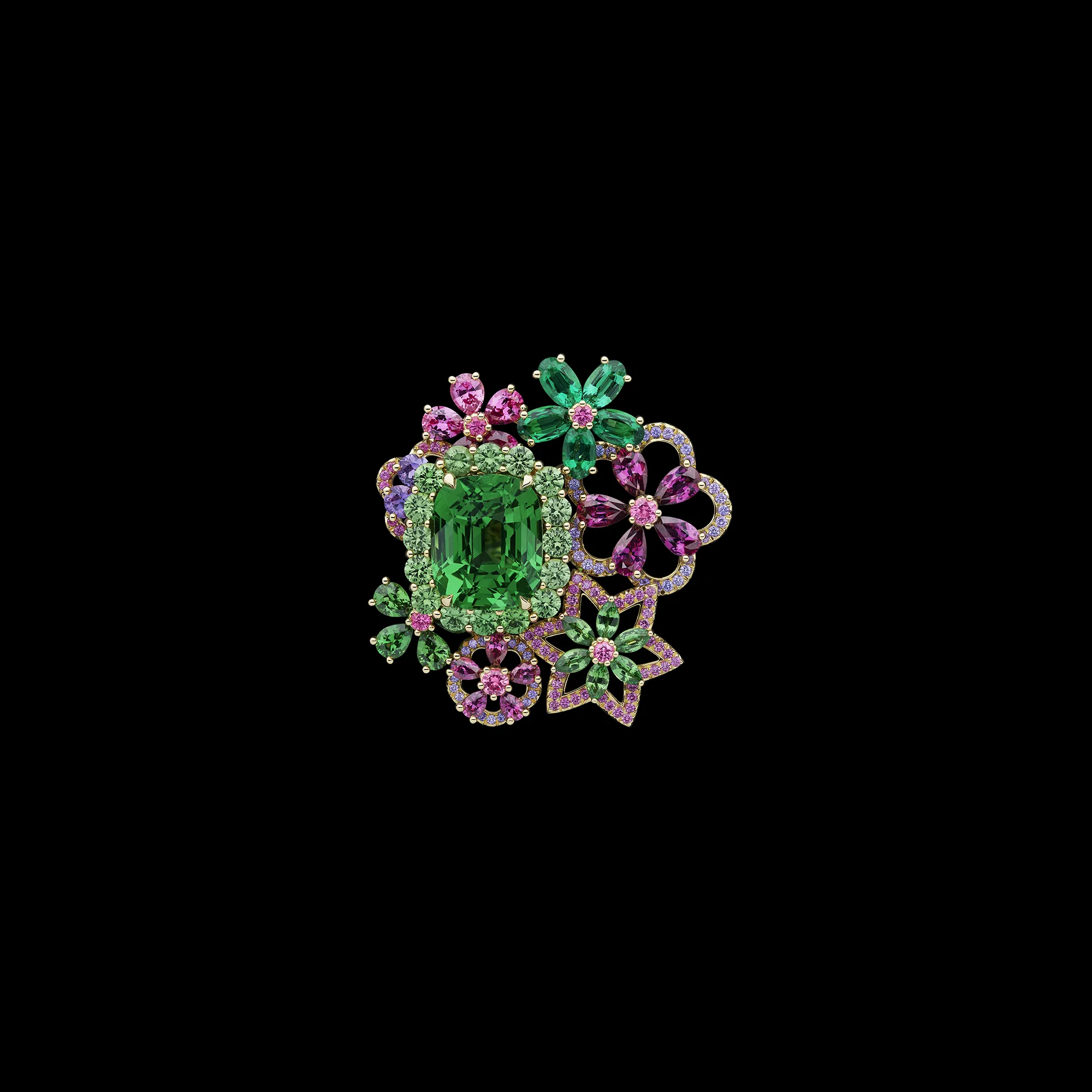 A demantoid garnet, emerald and multi-coloured sapphire creation from the Dior Milly Dentelle High Jewellery collection