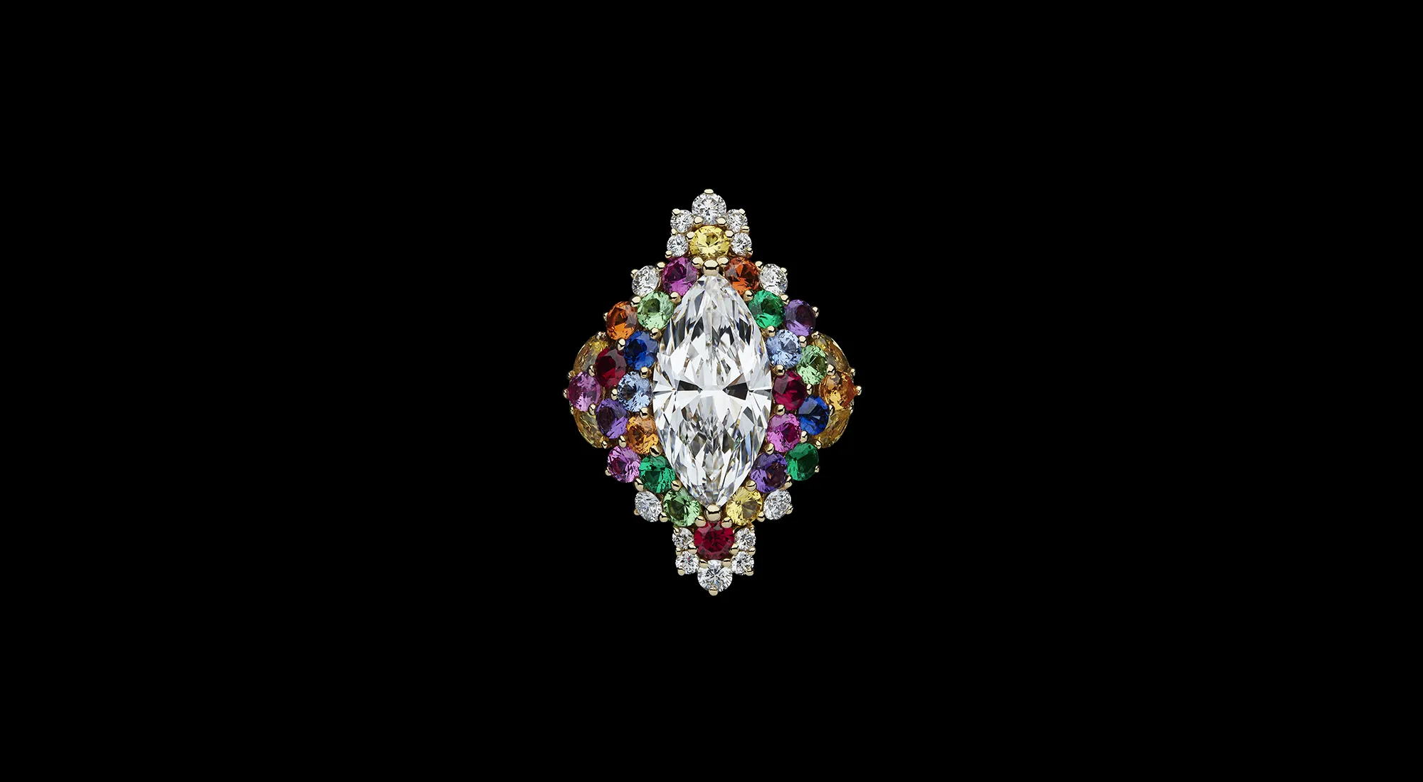 A statement ring from the Dior Milly Dentelle High Jewellery collection with a large marquise-shaped diamond surrounded by multi-coloured gemstones and further diamonds 