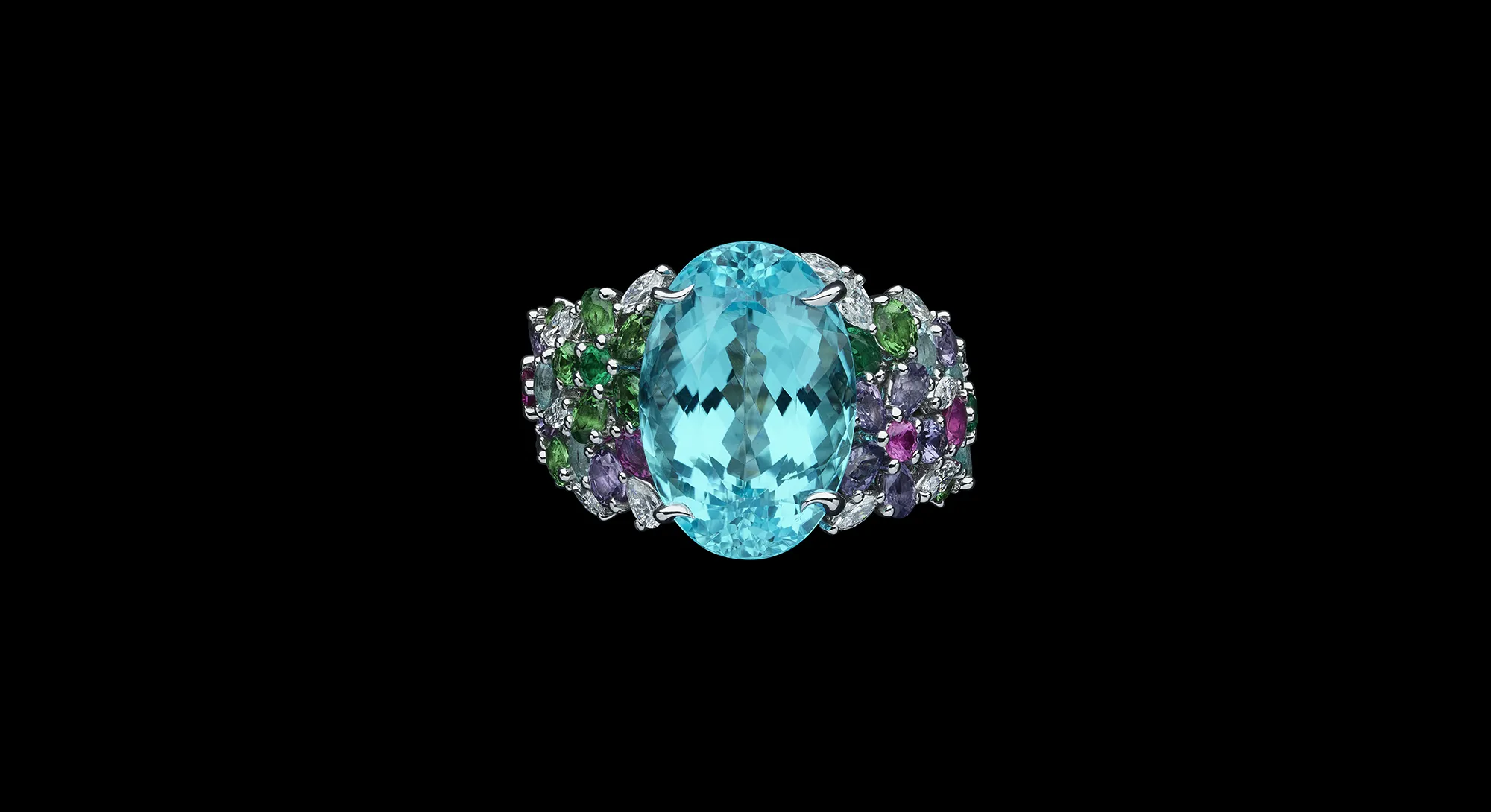 The Dior Milly Dentelle High Jewellery collection features significant gemstones, including this 9.88-carat Paraiba tourmaline set in a ring 