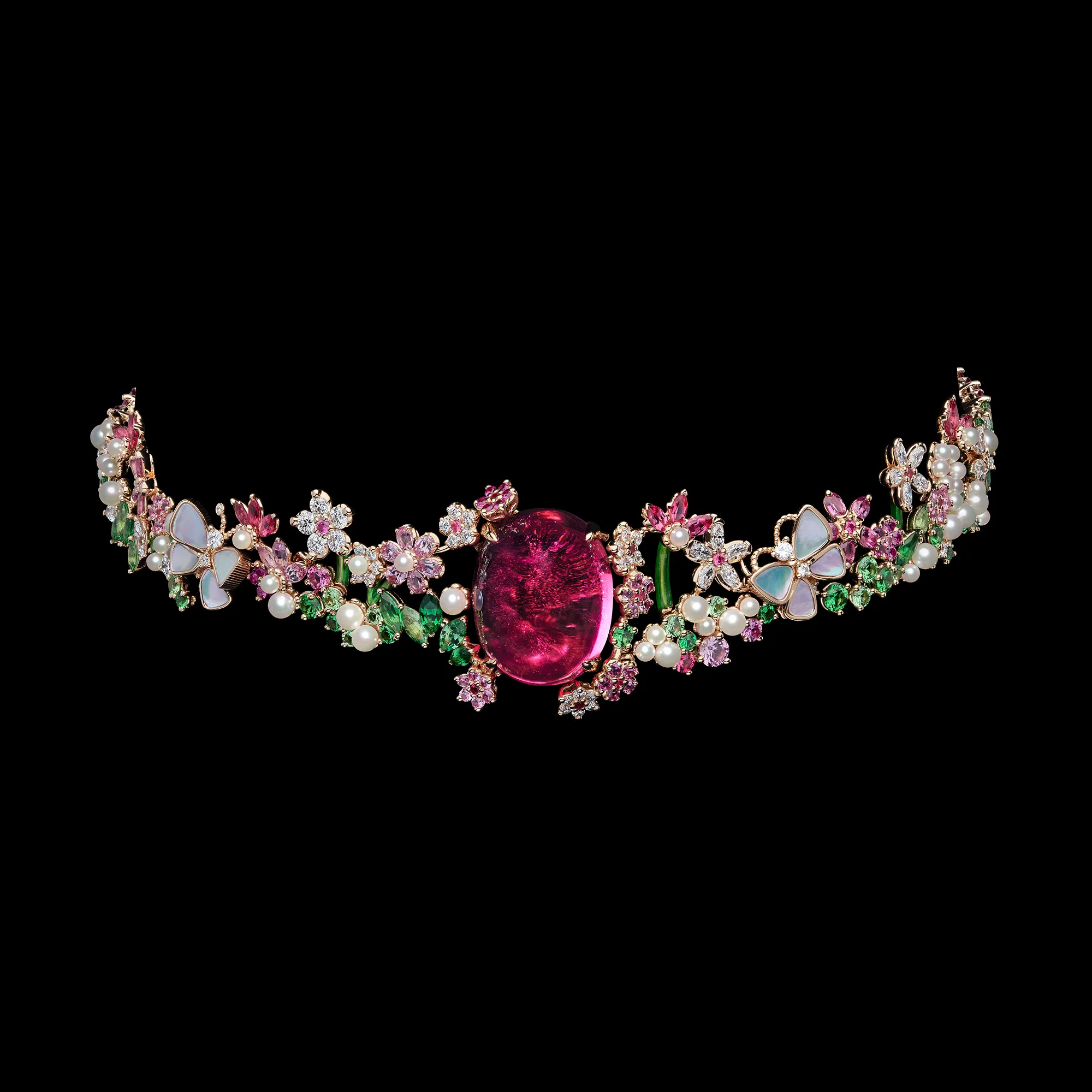 A choker necklace from the Dior Milly Dentelle High Jewellery collection with a large ruby cabochon, mother of pearl butterflies, pearls, marquise-shaped coloured stones and fancy-cut diamonds 