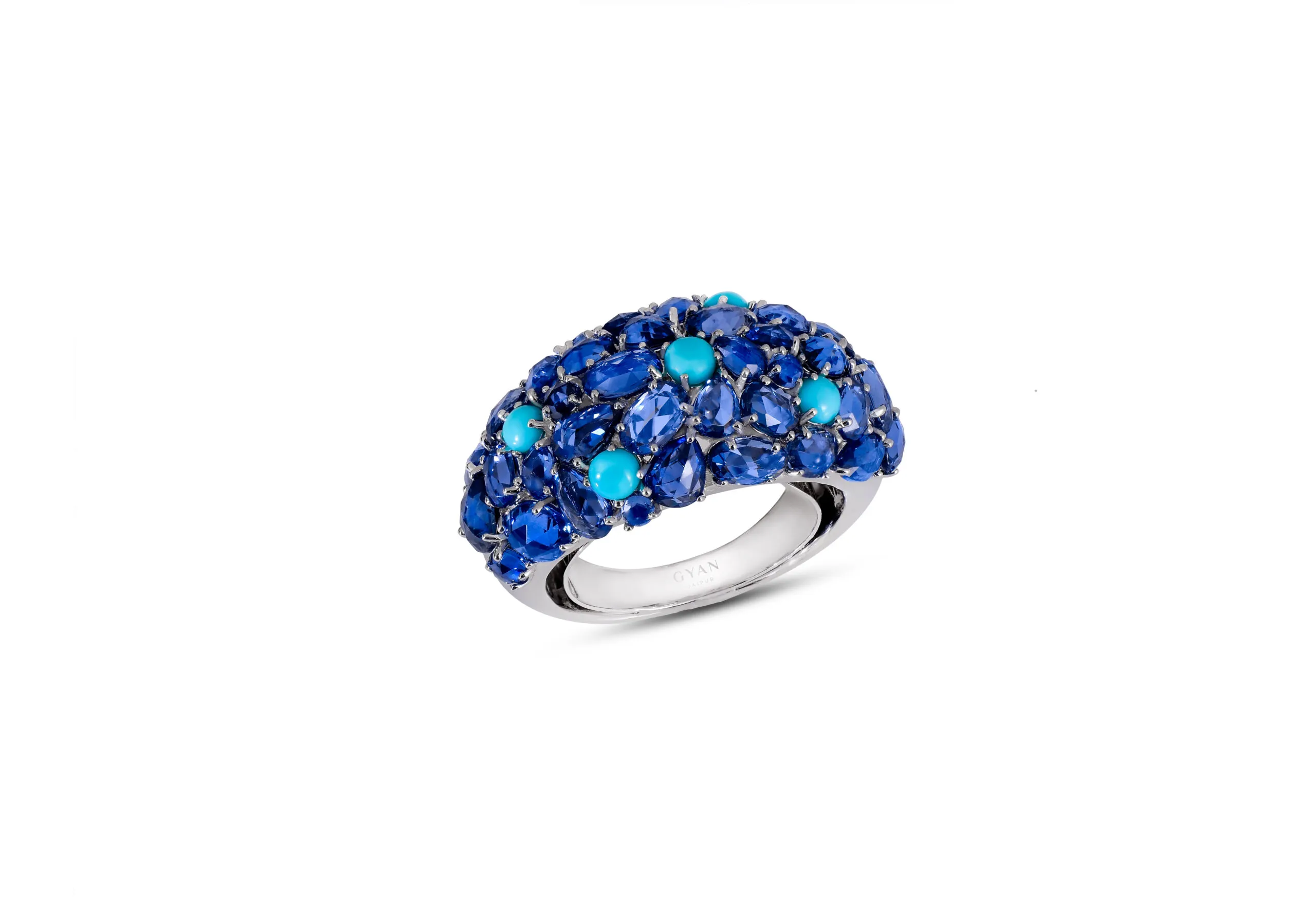 Gyan Jaipur ring from the Jaipur collection with mixed-cut blue sapphires and cabochon-cut turquoises in 18k white gold