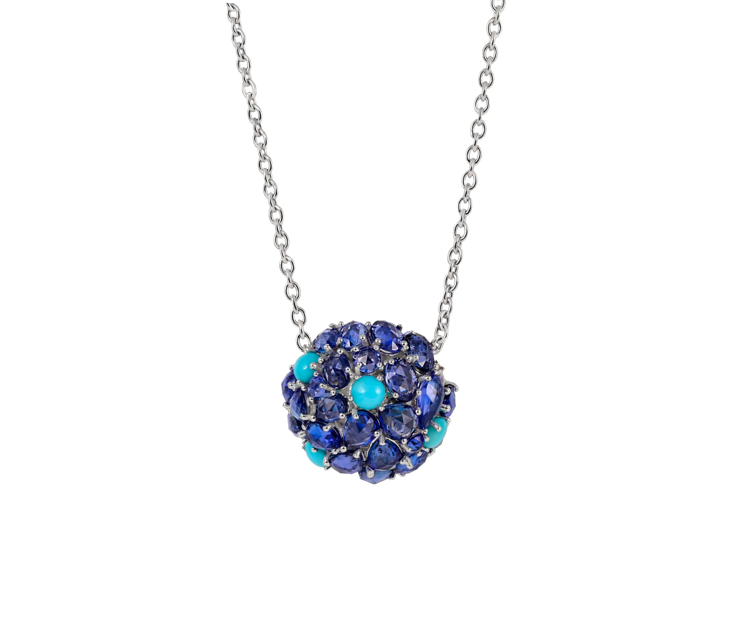 Gyan Jaipur pendant from the Jaipur collection with blue sapphires and turquoise cabochons in 18k white gold