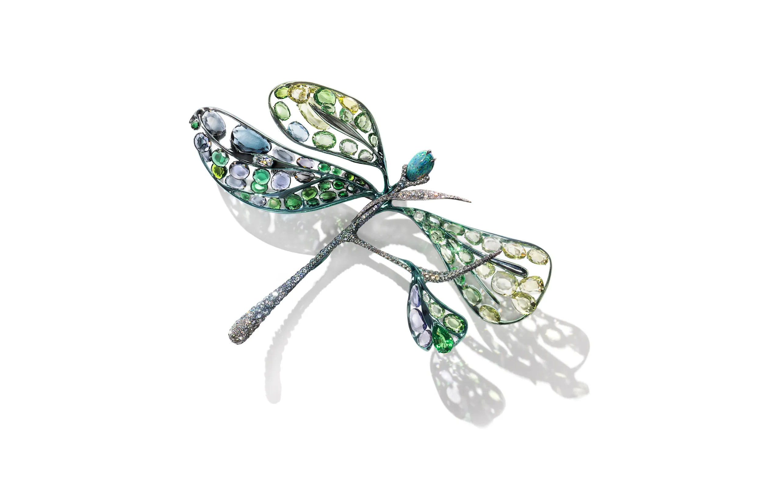 Feng J Je suis la brise (I am the breeze) brooch with black Australian opal, white diamonds, tsavorites, chrysoberyl, tourmalines, tanzanites, sapphires, zircons and topazes to be presented at TEFAF Maastricht 2025
