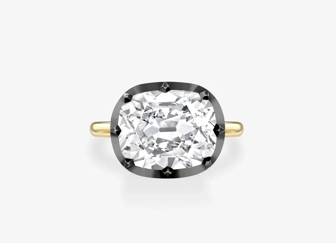 Jessica McCormack 6.27 carat East-West cushion cut diamond Button Back engagement ring in 18K white and yellow gold